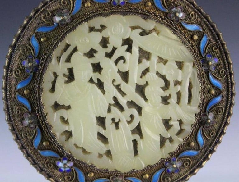 Antique Chinese Silver Filigree Hand Mirror, Enameled Jade Handle, Jade ...