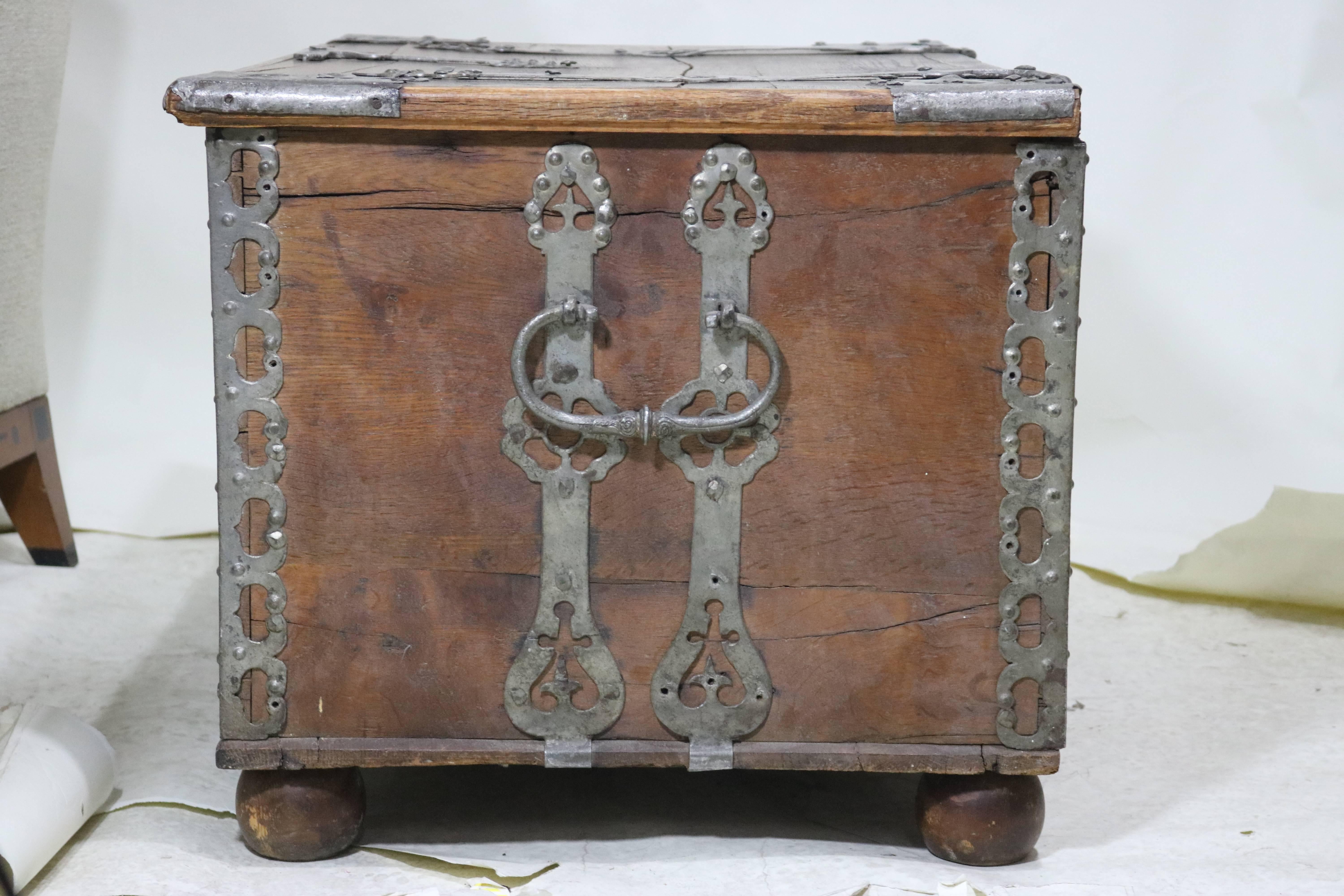 18th Century Swedish Baroque Iron Mounted Oak Trunk Treasure Chest In Good Condition In West Palm Beach, FL