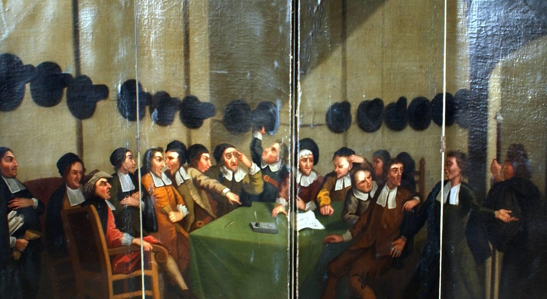 18th century beautifully painted Council of Distinguished men with expressive faces, four hinged panels wrapped on age appropriate wood stretchers. Seems to be a political gathering of American Pilgrims (due to their hats) discussing, writing and