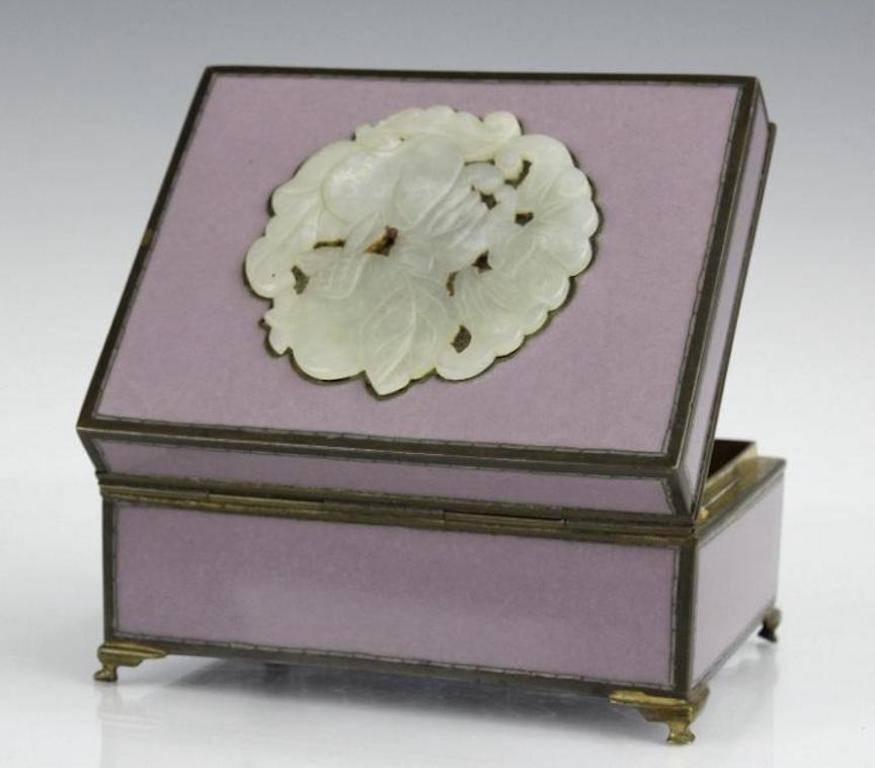 Japanese Yamanaka Finest Cloisonné Enamel Box W Jadeite Inlay, circa 1920, Inspired Gift For Sale