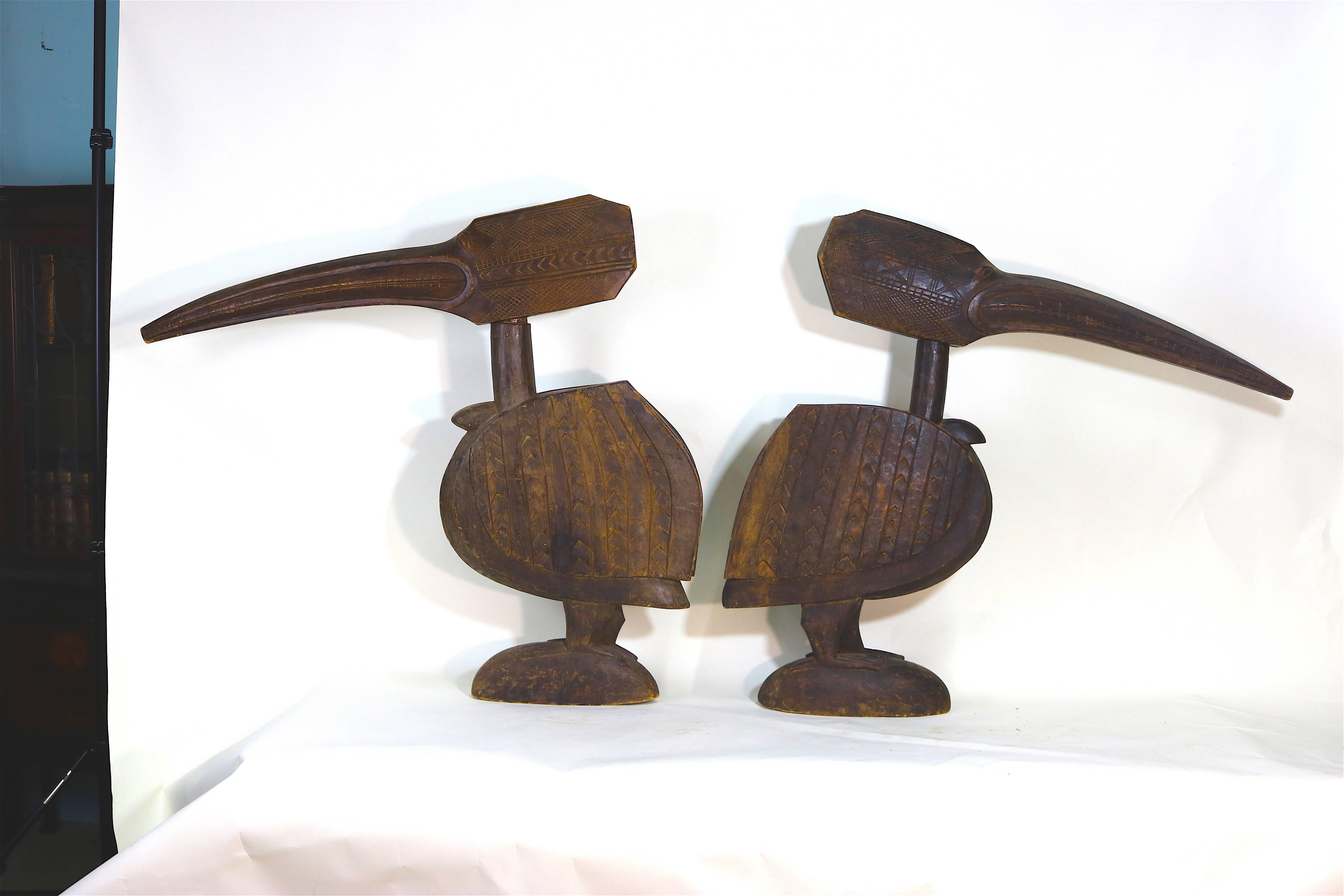 African Huge Ethnographic Wood Carved Pair Bird Sculptures- Tycoon Provenance For Sale