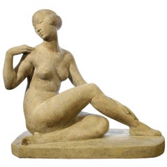 Antique Art Deco Limestone Sculpture, Marcel Bouraine "Awakening, ”  Provenance
