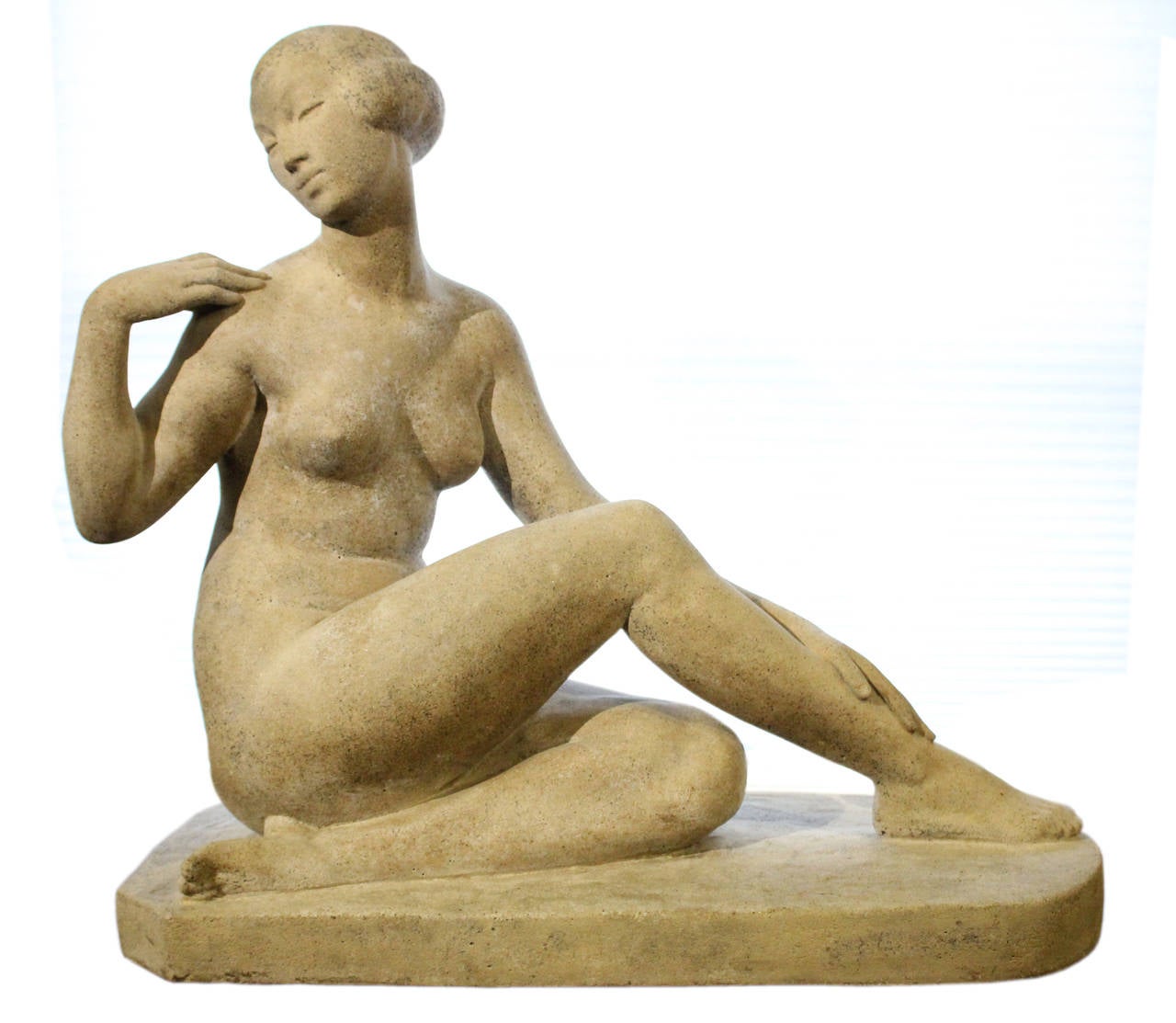 A timeless cast Limestone Sculpture of remarkable beauty and emotional finesse -signature- Marcel Bouraine.
Marcel Bouraine was one of France's preeminent, most prolific sculptors during the Art Deco period. The Limestone 'Awakening' after Marcel