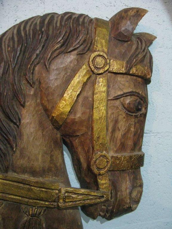 Mid-Century Stylized Wood Carved Horse Head Wall Sculpture For Sale at