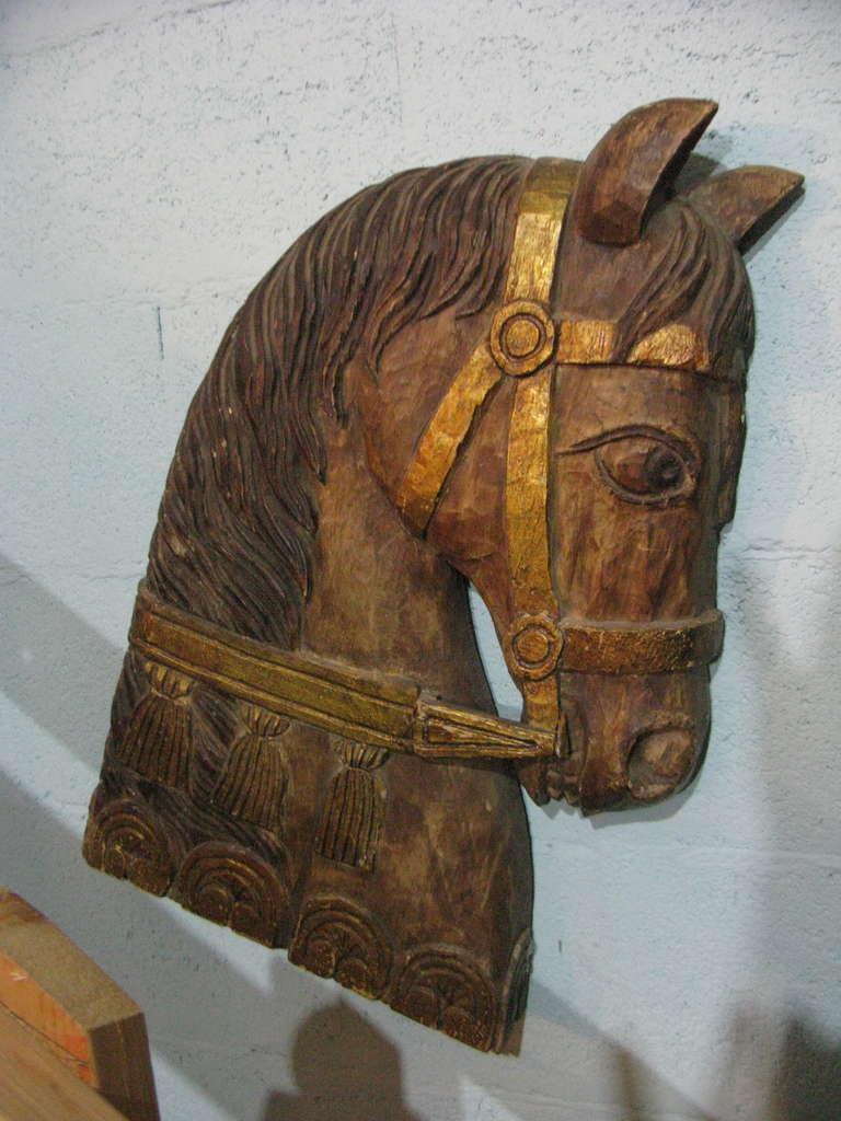Folk Art Mid-Century Stylized Wood Carved Horse Head Wall Sculpture For Sale
