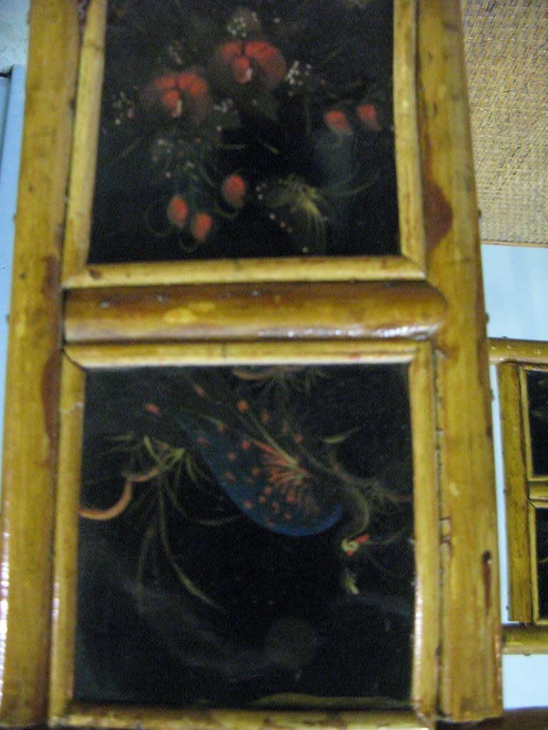 Exotic Bamboo Chinoiserie Side Chairs-Peacocks & Butterfly Inset Paintings 19thc 1