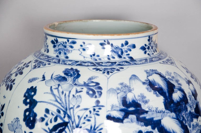 A large Chinese blue and white Jar from the Kangxi (1662-1722) period in country house conditions. 
The baluster body rising from a recessed base to a short straight neck, decorated in blue and white with six panels depicting a blossoming prunus,
