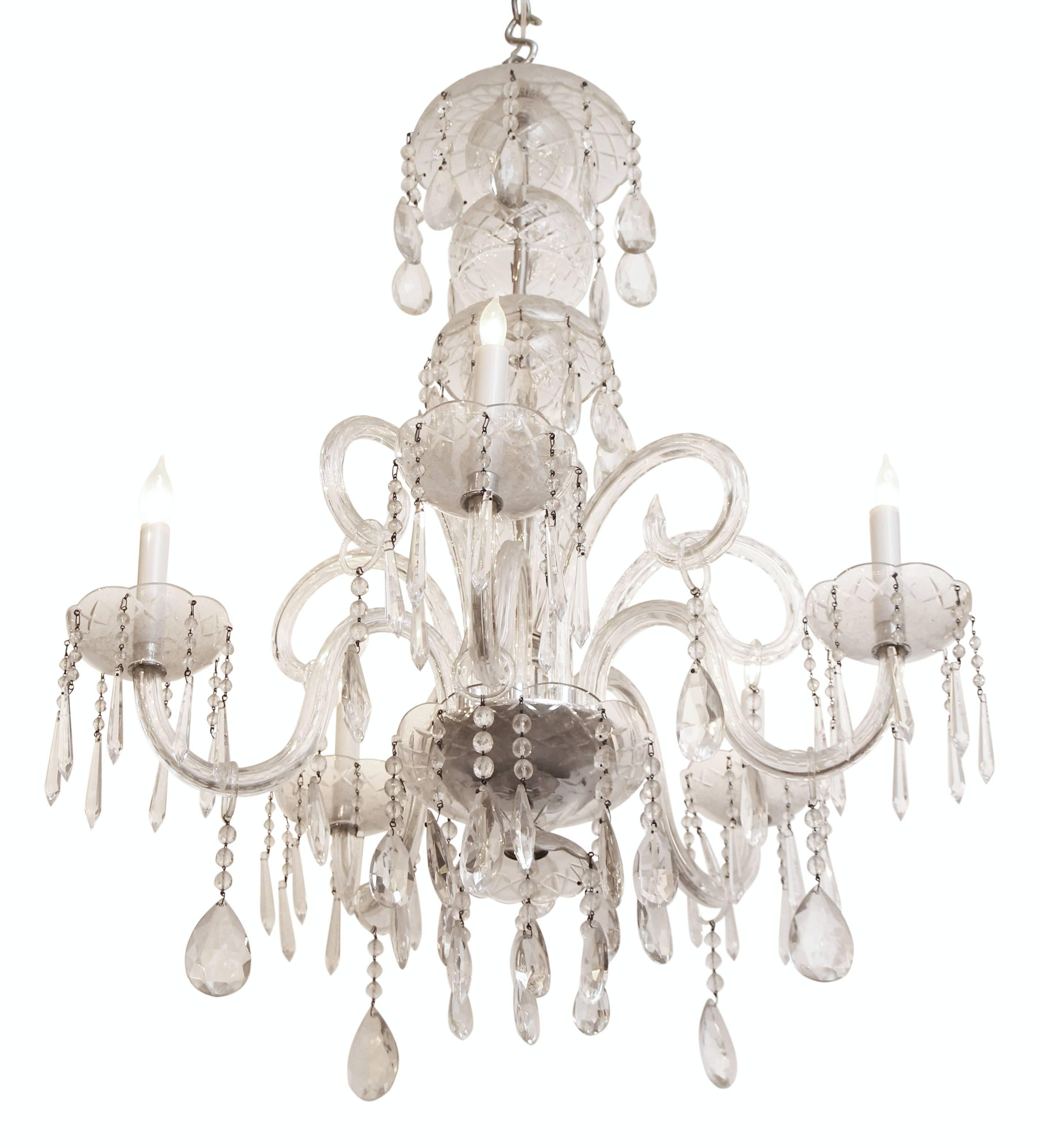 1940s Waterford Marie Therese style crystal chandelier with five lights. Made in Waterford, Ireland. Waterford crystal is renowned for it's brilliance due to the minerals in the sand used to make the crystal. This chandelier has been carefully