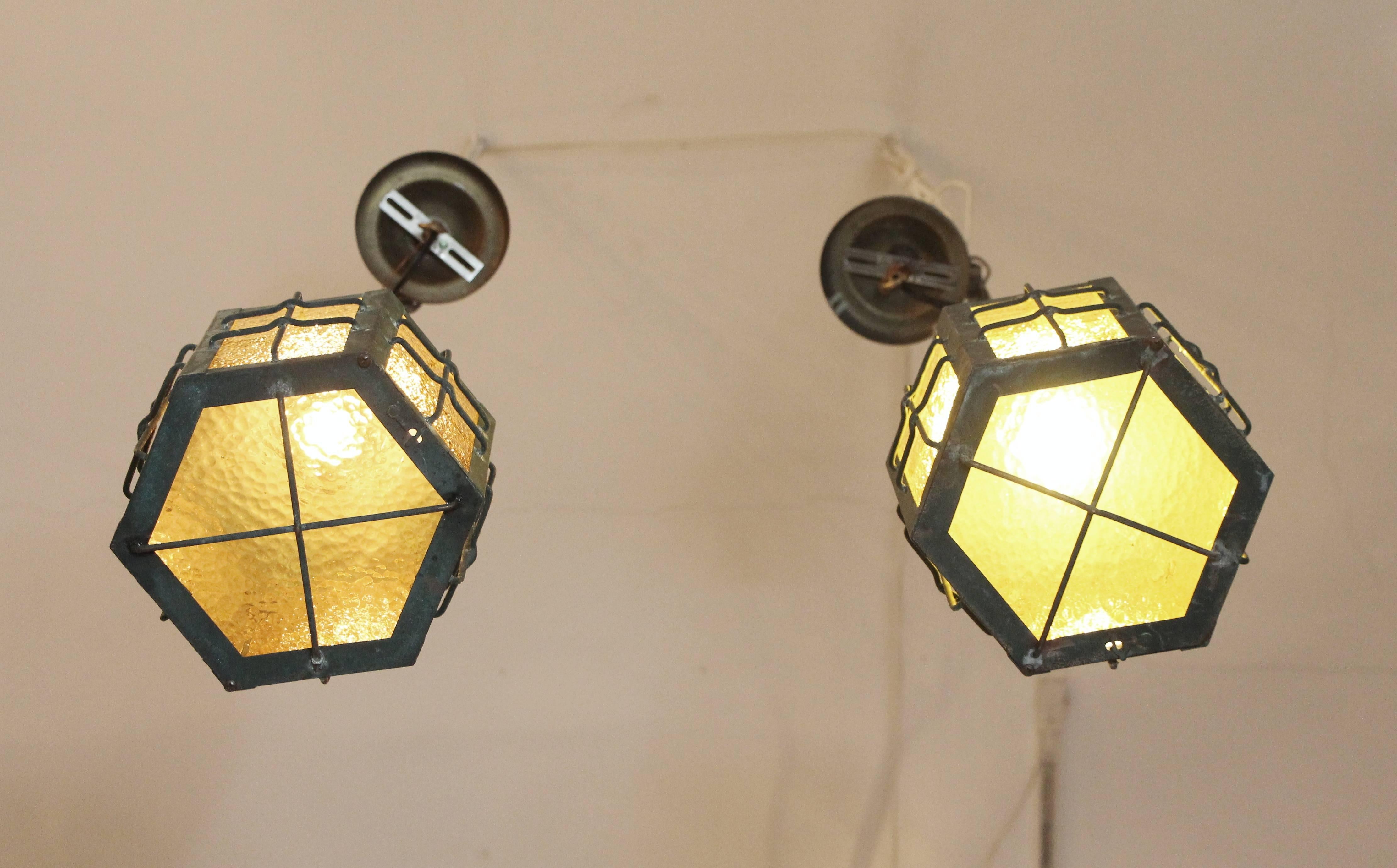 Mid-20th Century 1930s Pair of Outdoor Copper Pendant Lanterns with Textured Amber Glass