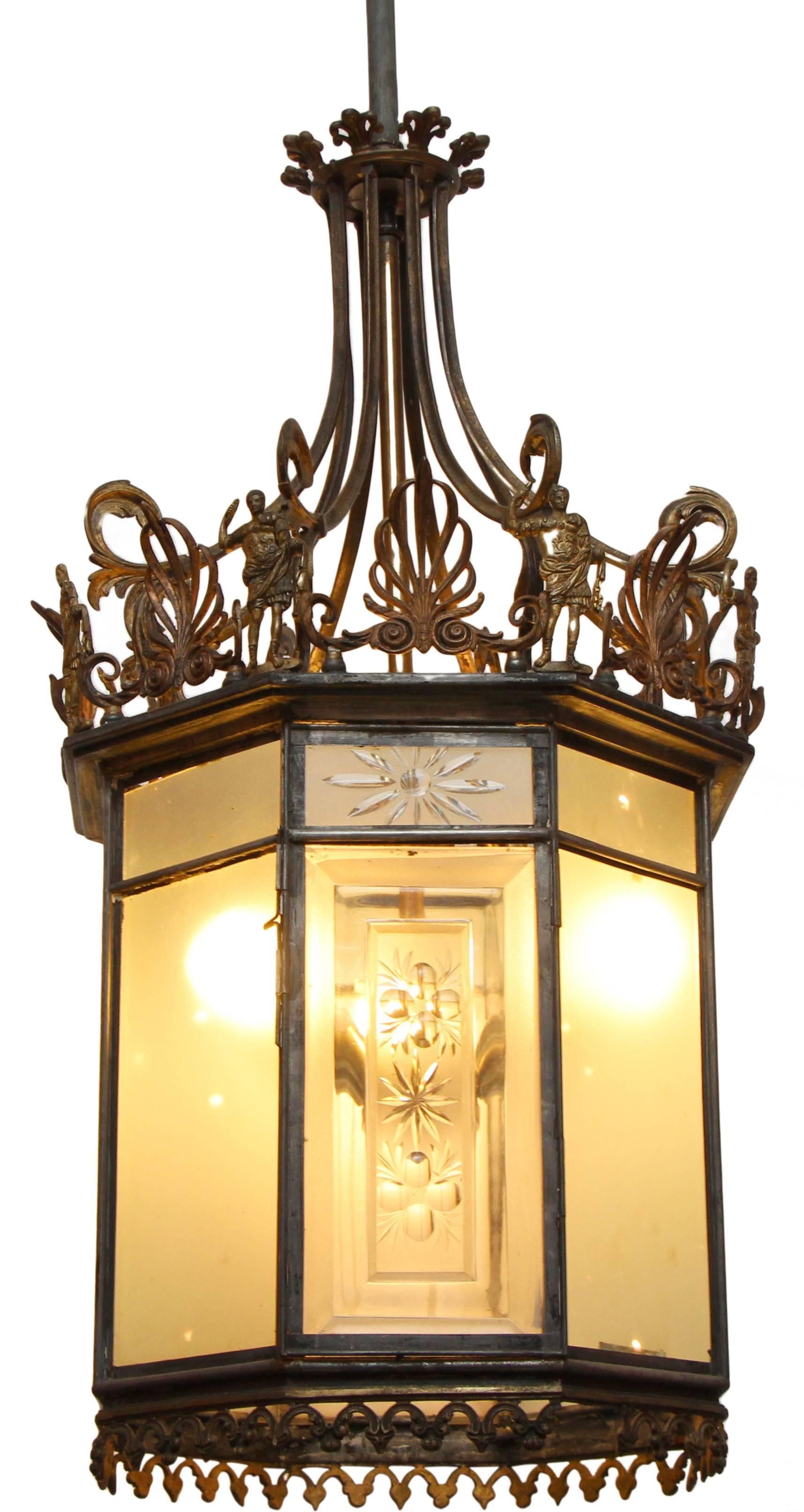 1890s Large bronze and etched glass three light hall lantern. Features amazing bronze detailed framing. This originally graced the entryway of the Pen and Brush Club in Manhattan, and was originally a gas light converted to electric. Cleaned and