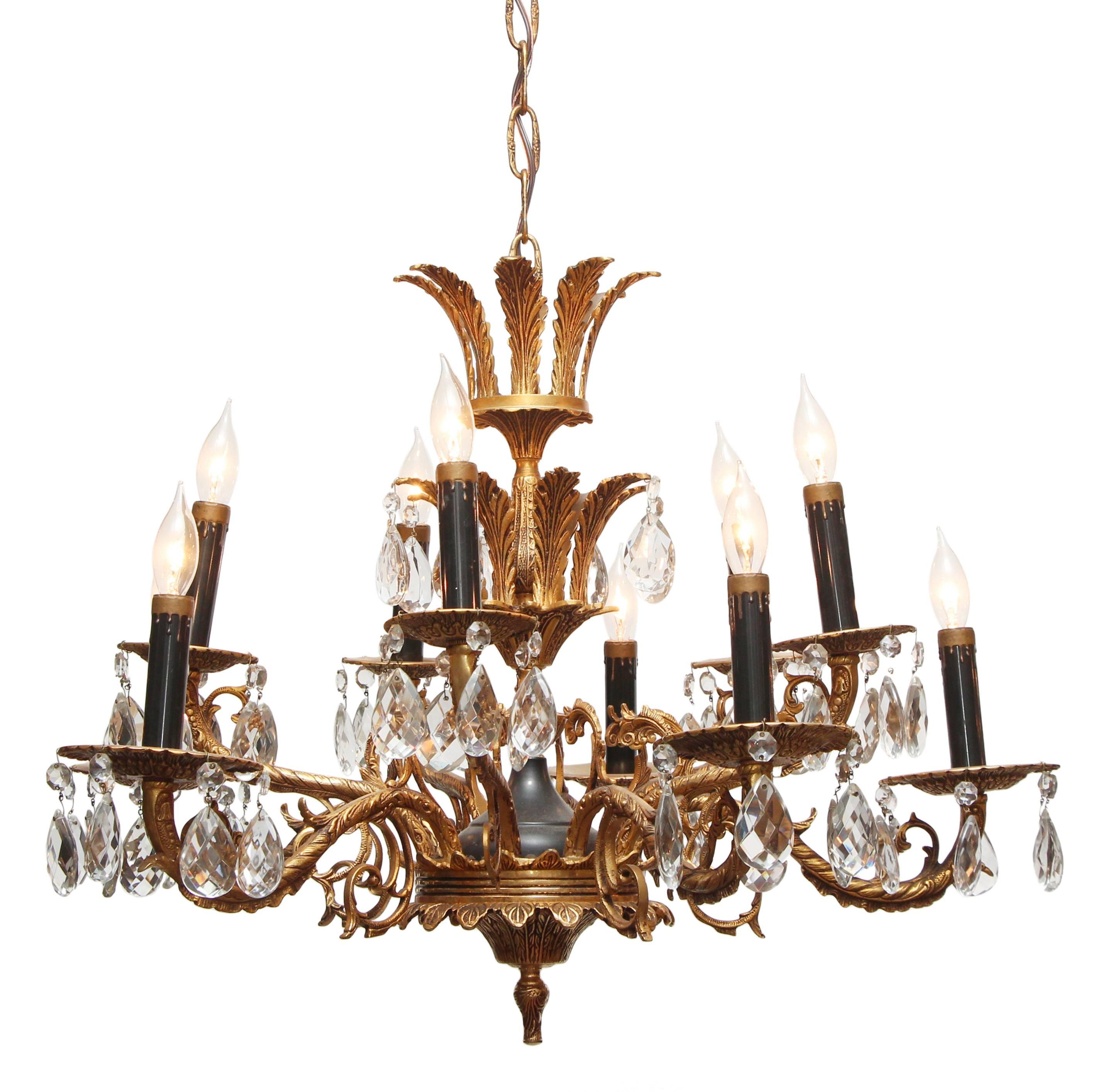1940s Ten-Light Ornate Crystal Chandelier with Acanthus Leaves