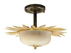 1930s Gilt Metal and Frosted Glass Semi Flush Ceiling Fixture