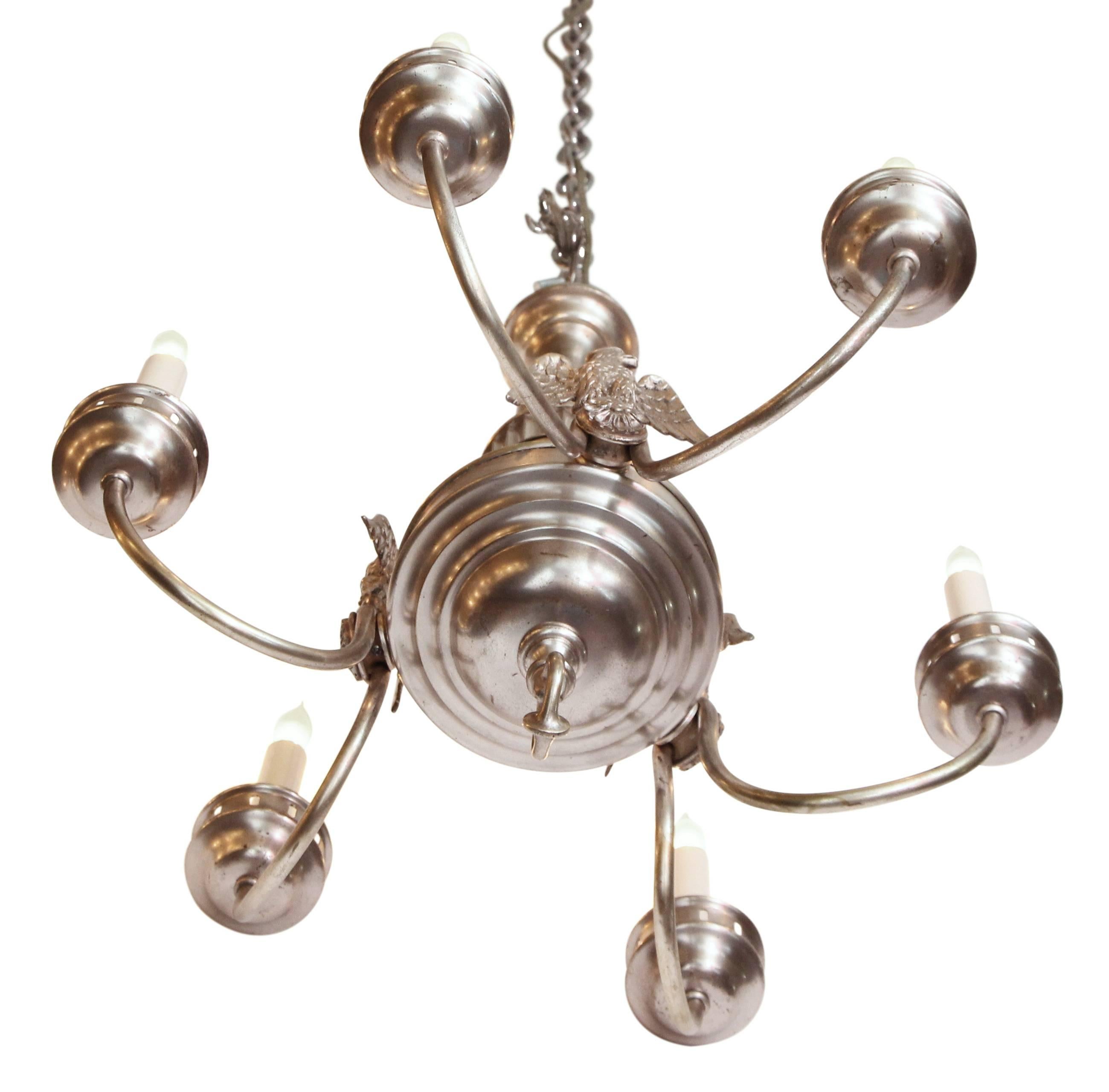 1900s Sterling Bronze Co. Silvered Six-Light Federal Chandelier with 3 Eagles In Excellent Condition In New York, NY