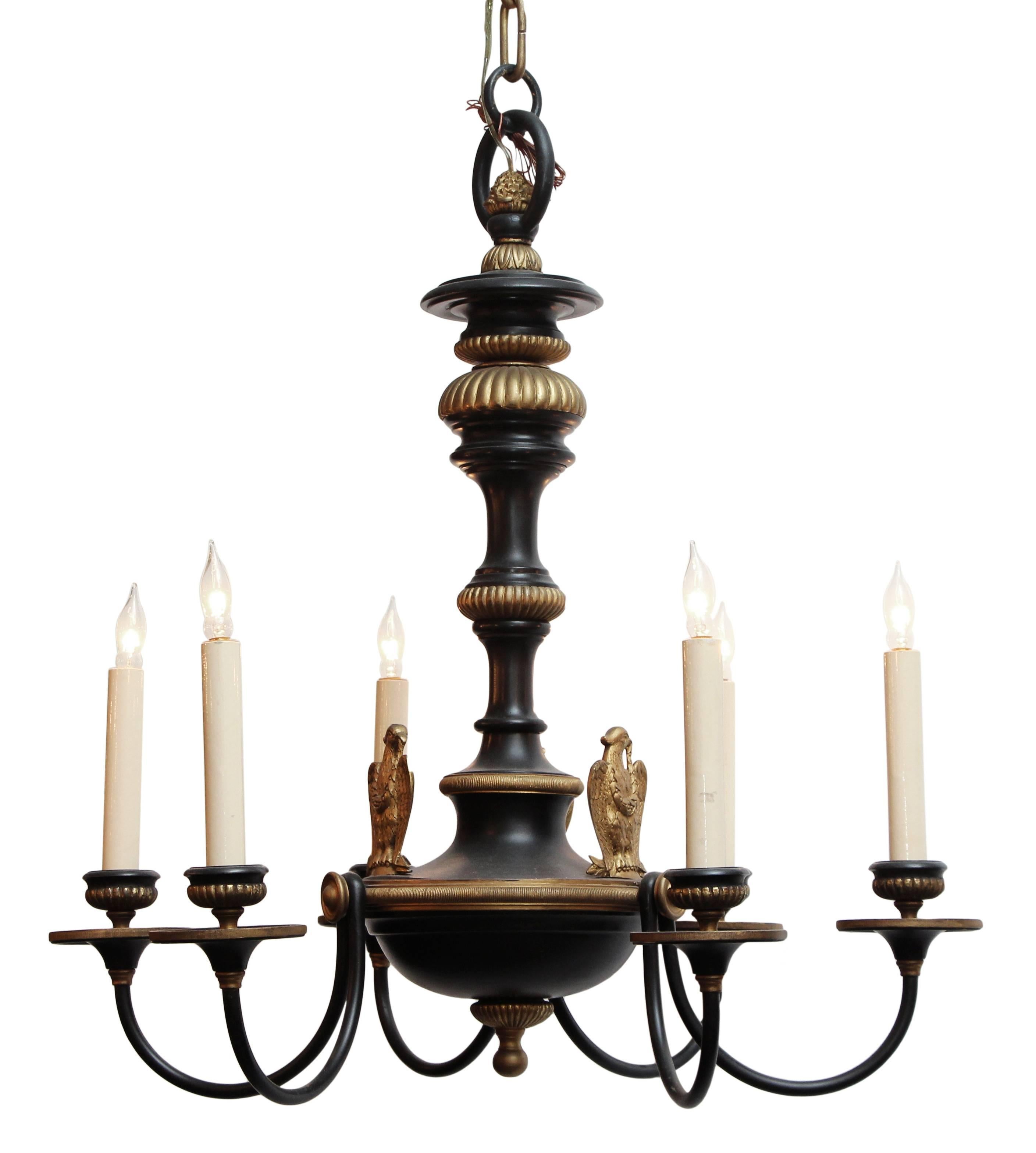 Federal style chandelier made by EF Caldwell of New York in 1910. It features figural eagles centered on the well of the fixture. This item can be viewed at our 5 East 16th St Union Square location in Manhattan.