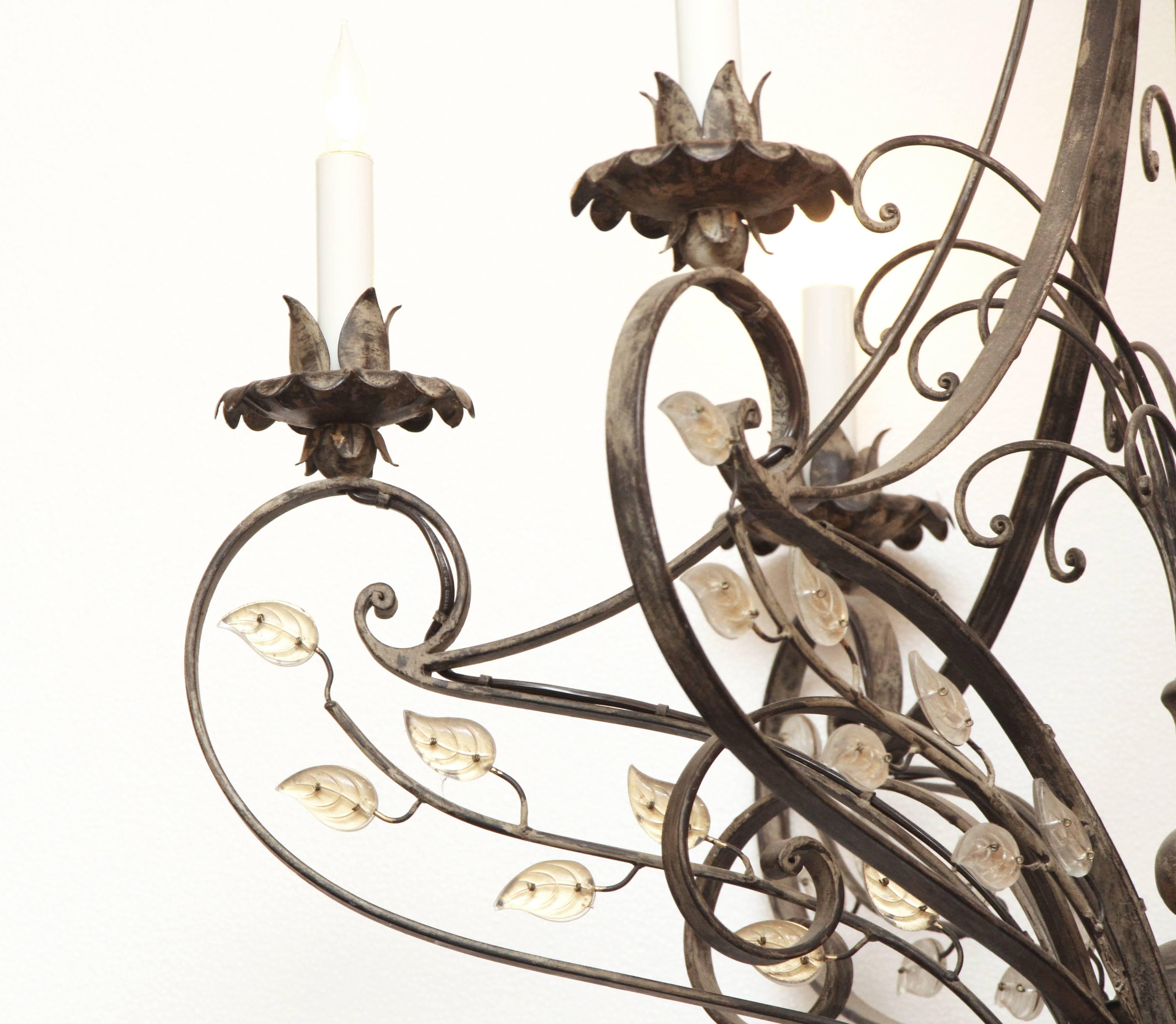 Geyser Wrought Iron Six-Arm Chandelier in a Gold Leaf Finish with Crystal Detail In Excellent Condition In New York, NY