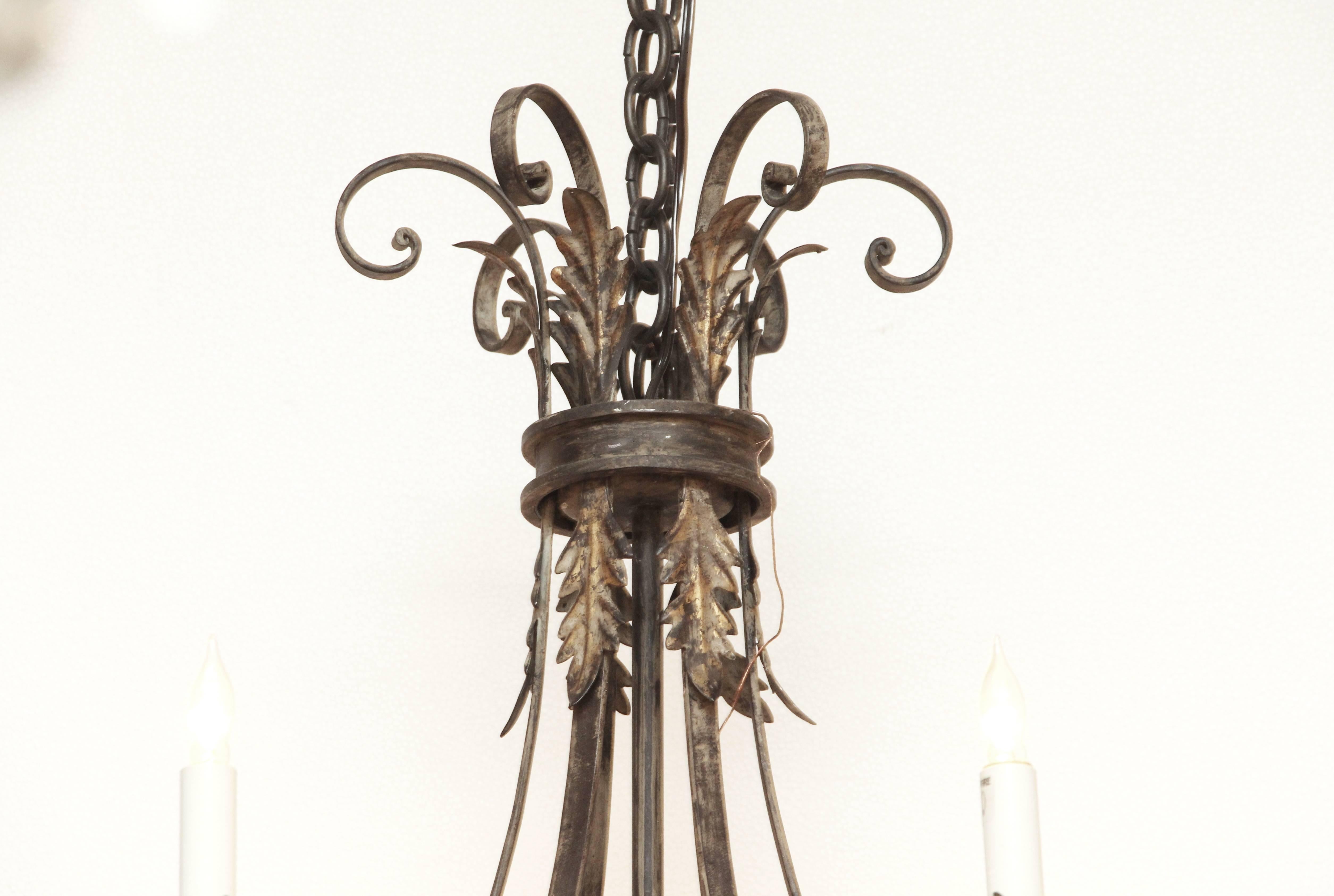 American Geyser Wrought Iron Six-Arm Chandelier in a Gold Leaf Finish with Crystal Detail