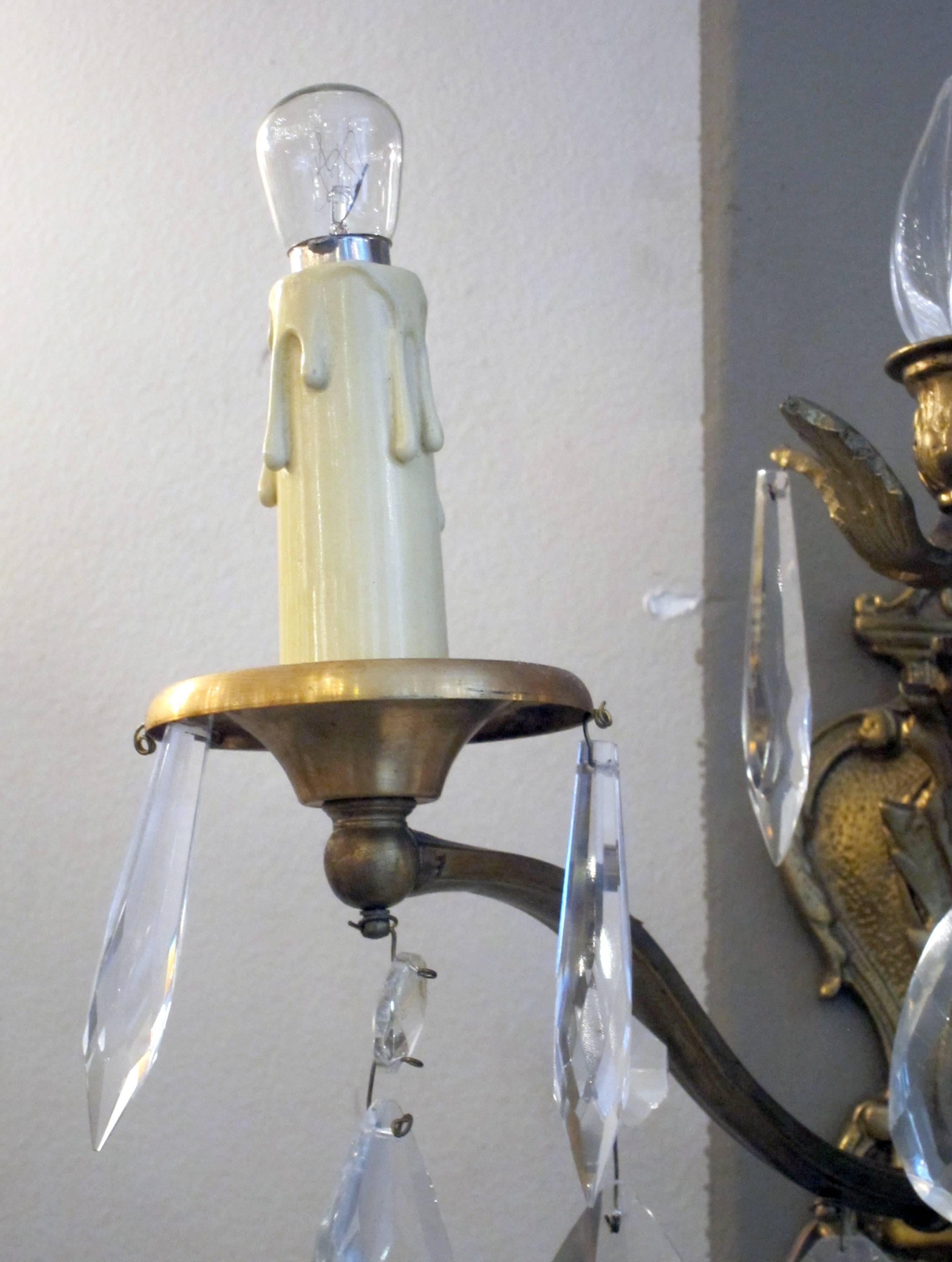 20th Century 1920s Pair of Gold Gilt French Classical Style Crystal Sconces