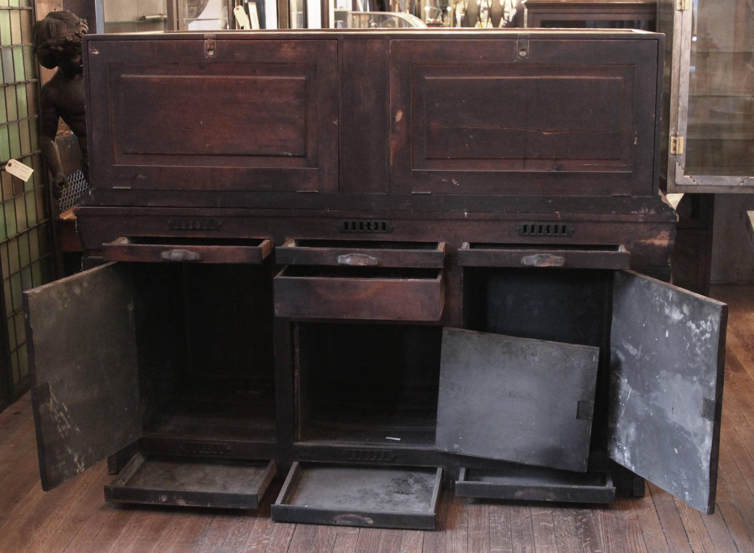 Late 19th Century 1800s Carved Oak Cigar Humidor and Mirrored Showcase by Whitcomb Cabinet Co. 