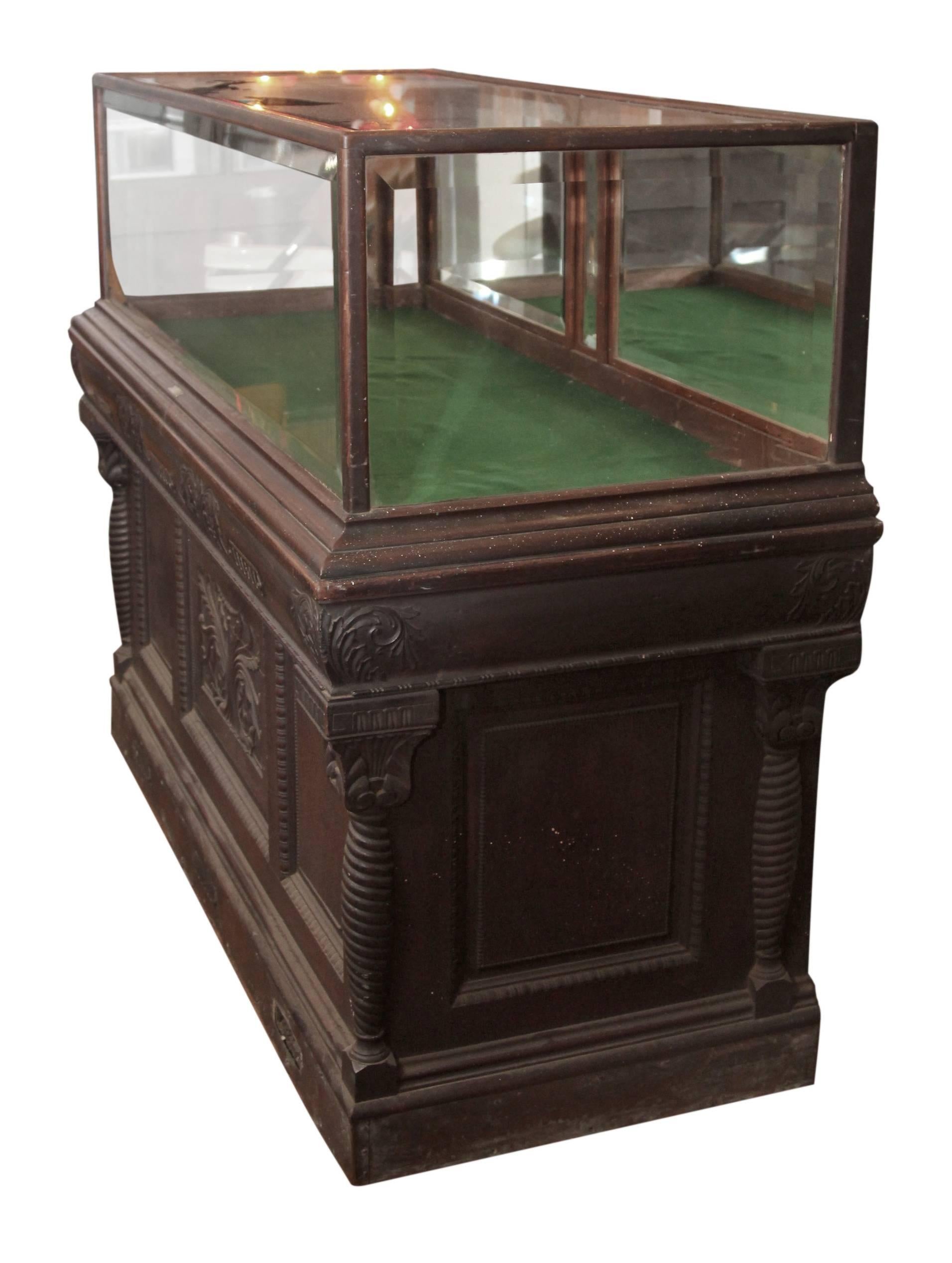 Beveled 1800s Carved Oak Cigar Humidor and Mirrored Showcase by Whitcomb Cabinet Co. 