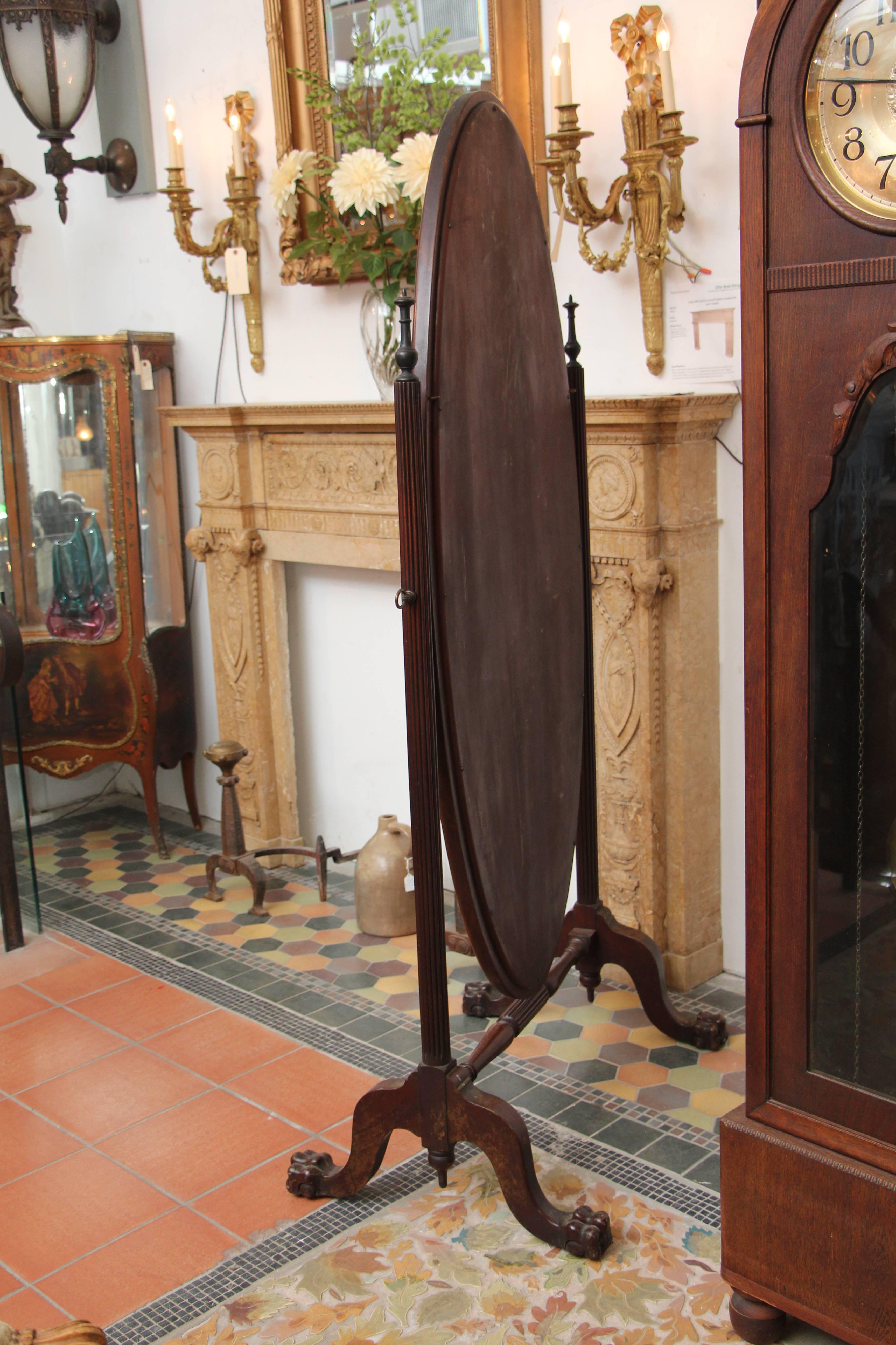 1910 Mahogany Cheval Mirror with Beveled Glass, Beaded Detail and Claw Feet 1