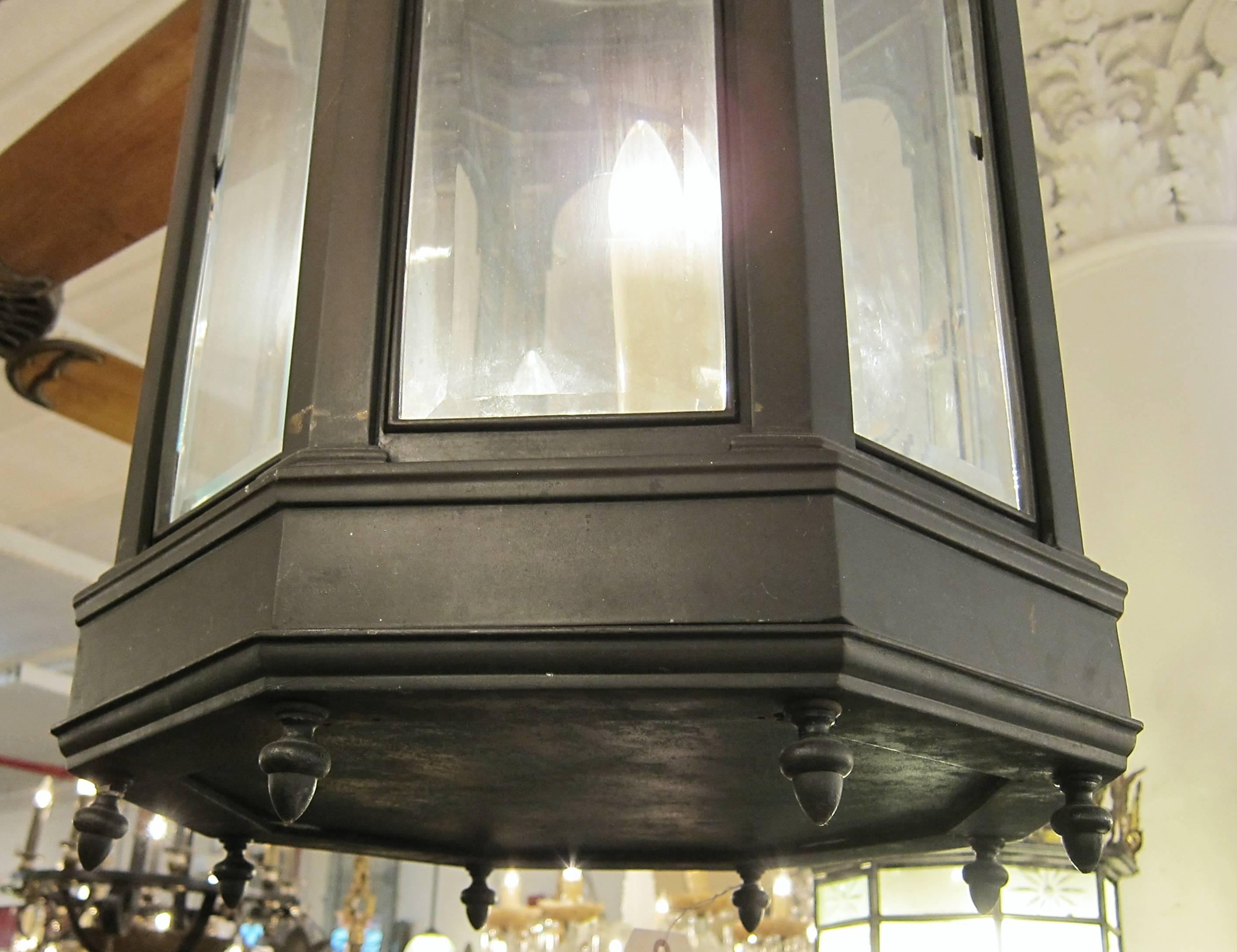 1900s American Gothic Octagon Bronze Lantern with Beveled Glass Pendant In Excellent Condition In New York, NY