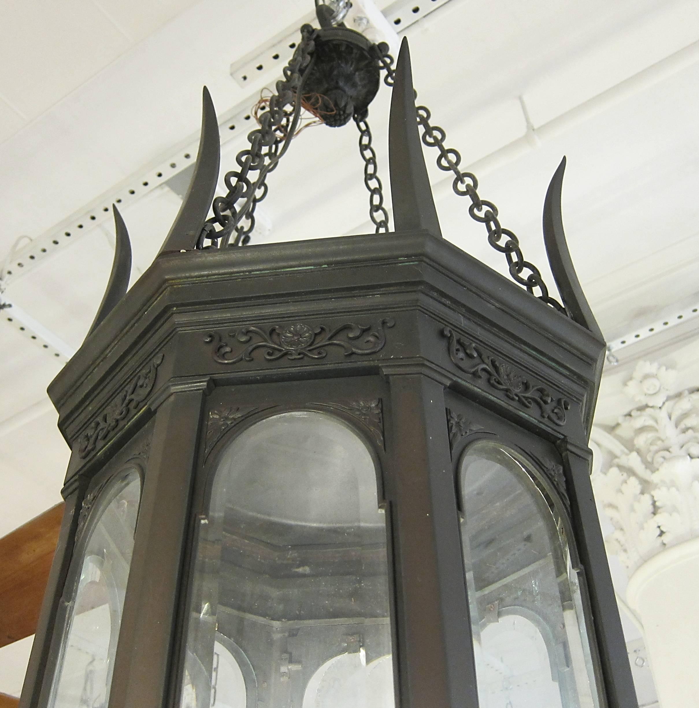 1900s American Gothic Octagon Bronze Lantern with Beveled Glass Pendant 2