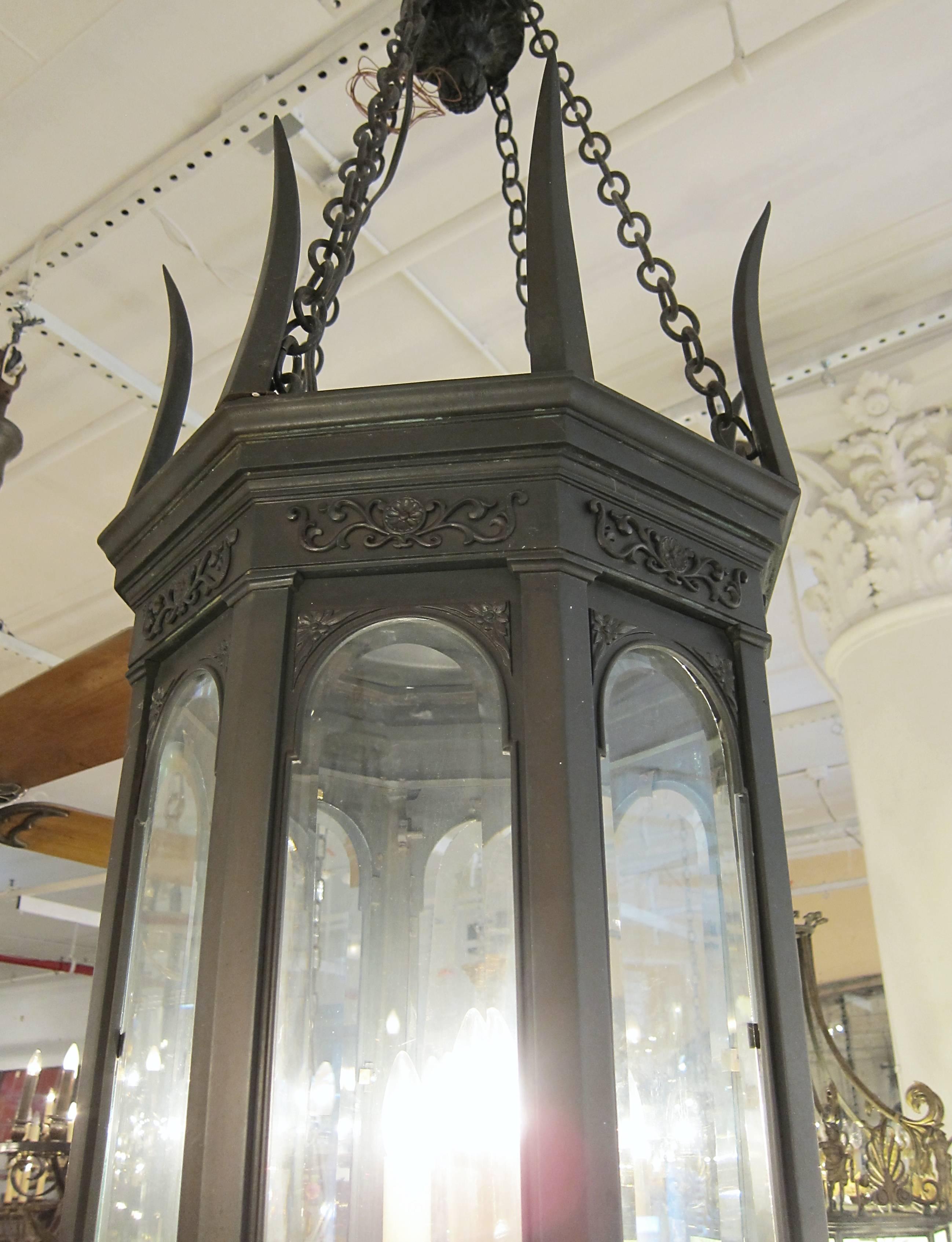 1900s American Gothic Octagon Bronze Lantern with Beveled Glass Pendant 1