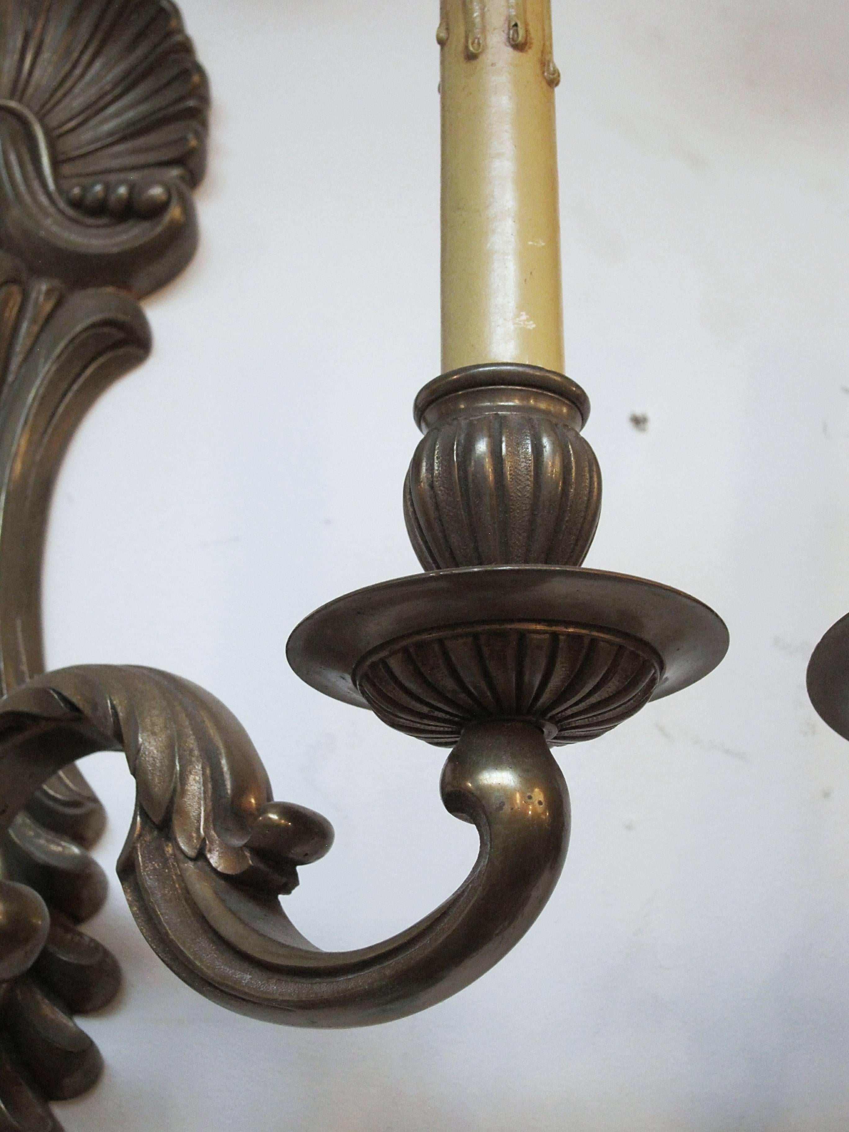 American 1920s Pair of Bronze Two-Arm Sconces