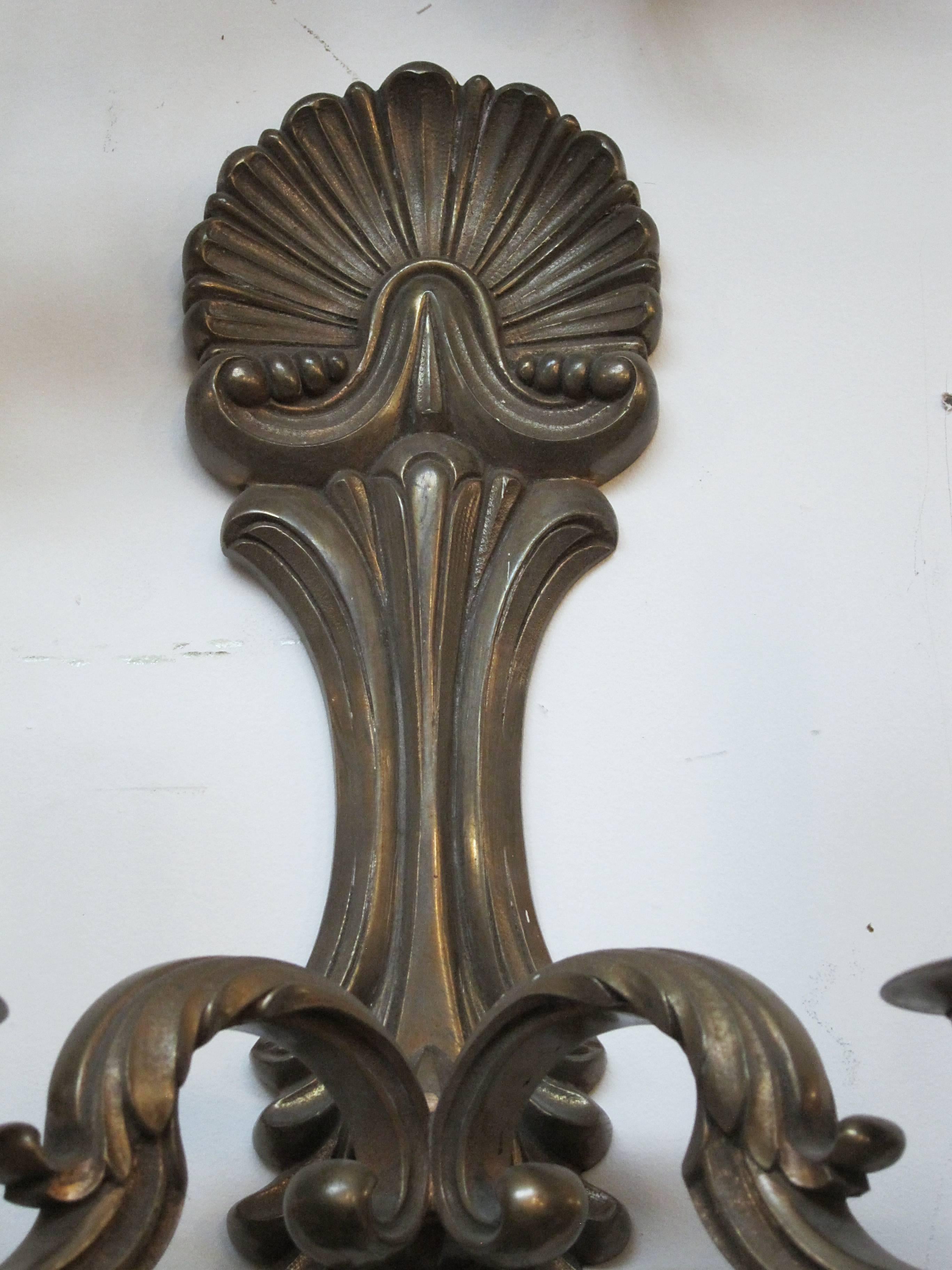 Early 20th Century 1920s Pair of Bronze Two-Arm Sconces