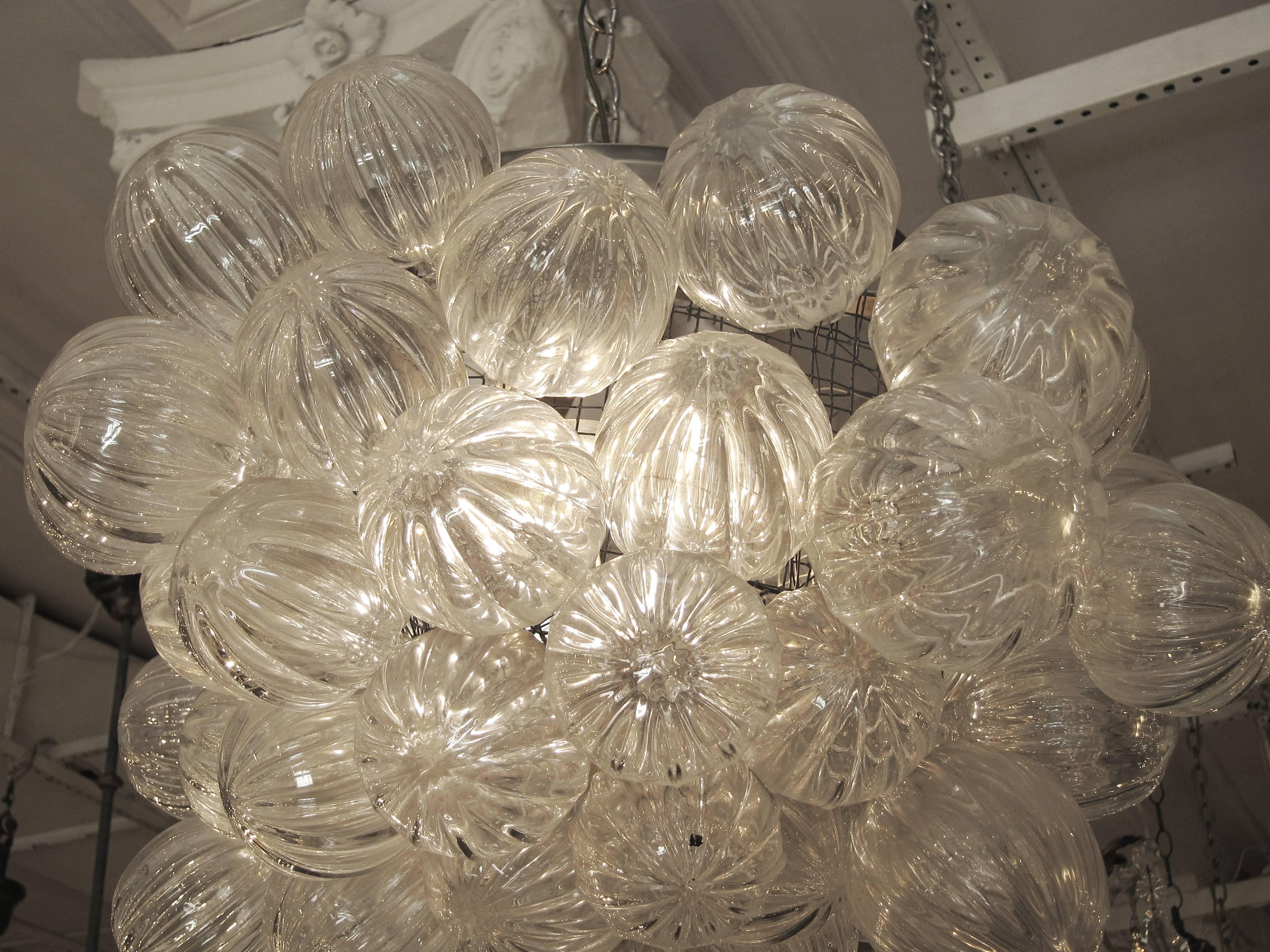 2009 Clear Hand Blown Mid-Century Modern Bubble Glass Pendant Light In Excellent Condition In New York, NY