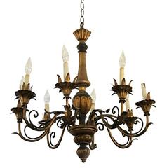 1930s Wood and Gilt Metal Florentine Style Wood Chandelier with Eight Arms