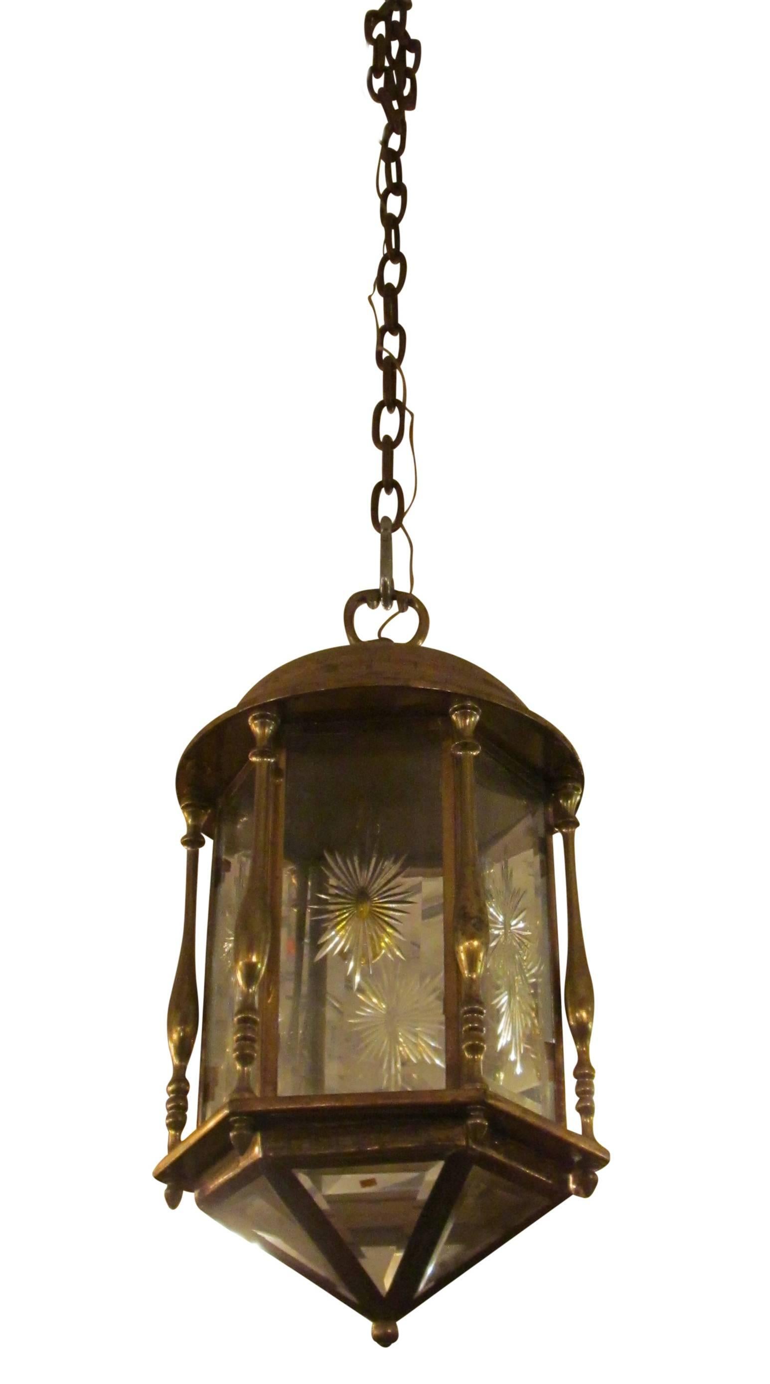 1950s Brass Lantern with Etched and Beveled Glass 2