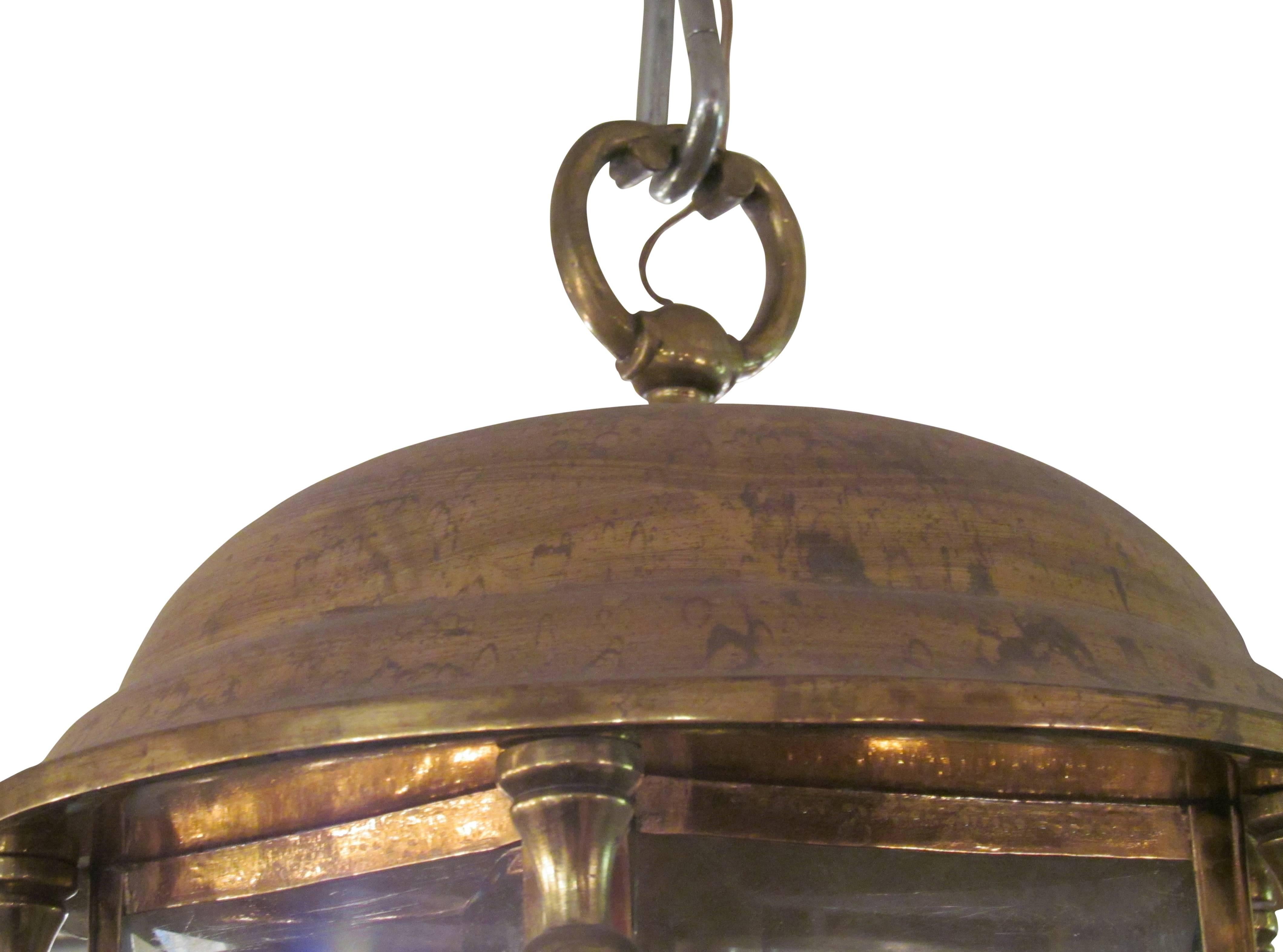 1950s Brass Lantern with Etched and Beveled Glass In Excellent Condition In New York, NY