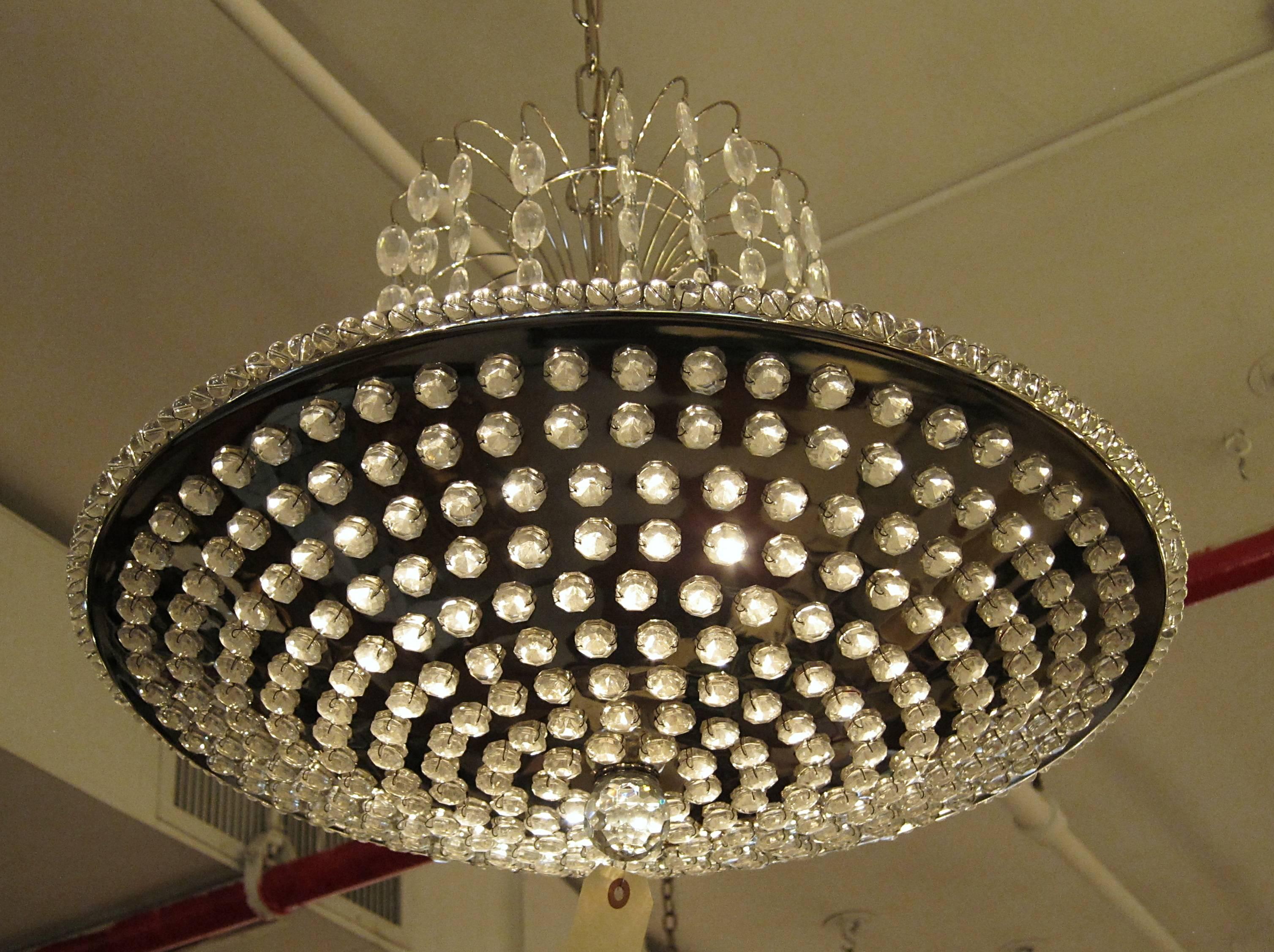 Cascading Teardrop Crystal and Jeweled Pan Pendant Light in a Nickel Finish In Excellent Condition In New York, NY
