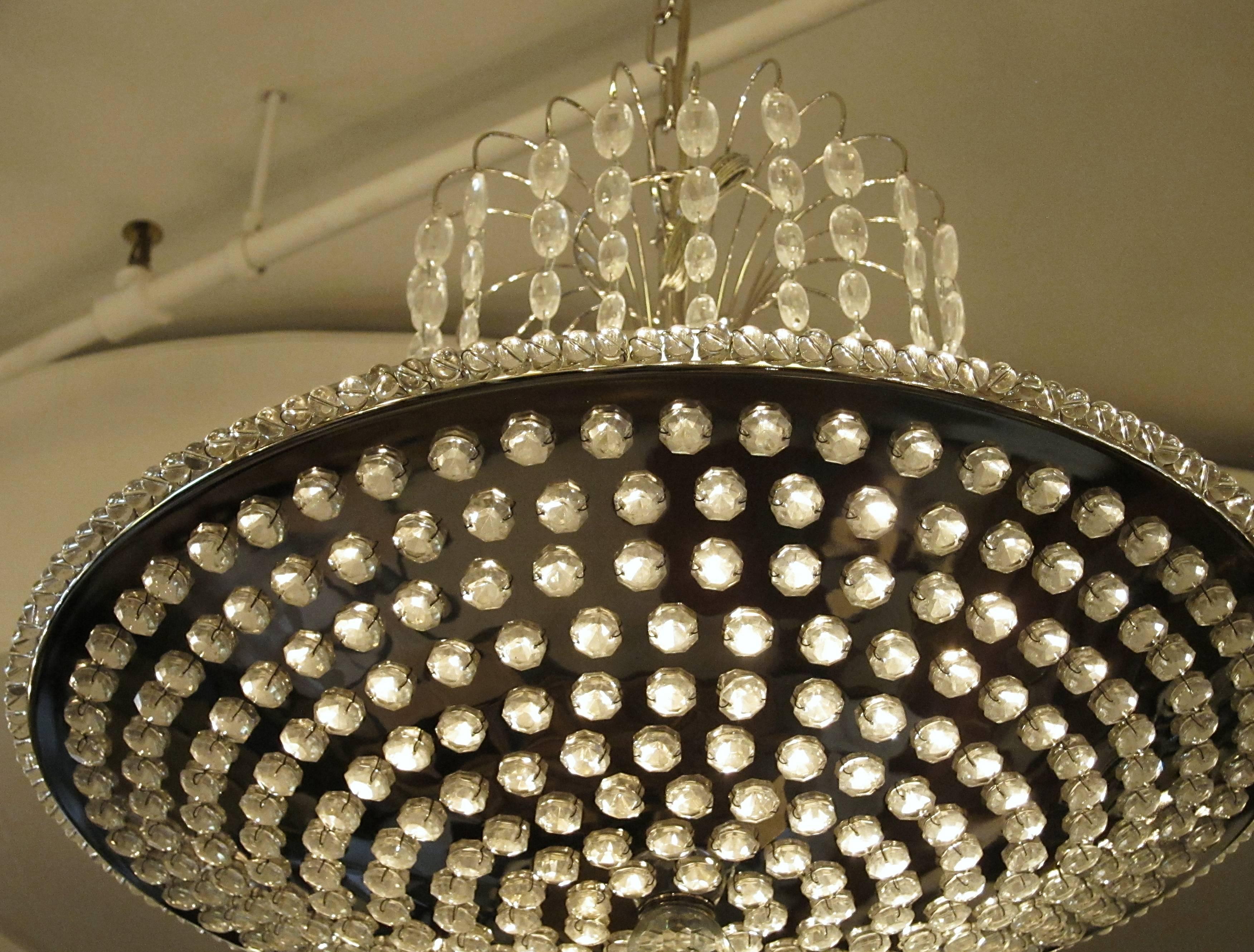 Contemporary Cascading Teardrop Crystal and Jeweled Pan Pendant Light in a Nickel Finish