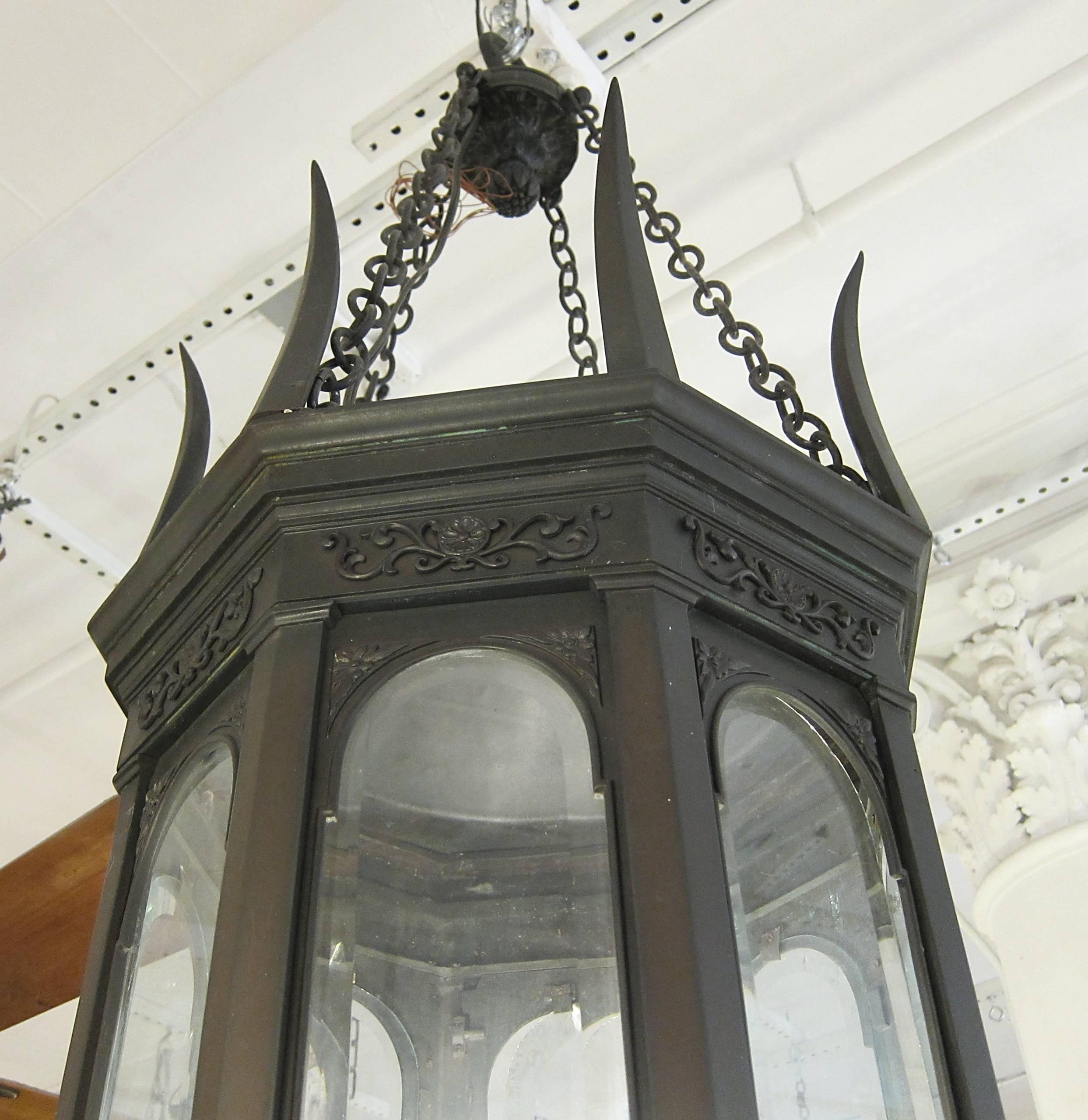 1900s American Gothic Octagon Bronze Lantern with Beveled Glass Pendant In Excellent Condition In New York, NY