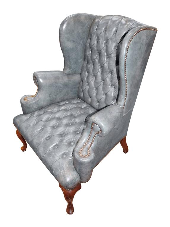 Vintage Blue Gray Leather Wingback Occasional Chair with Rivets For Sale at 1stDibs