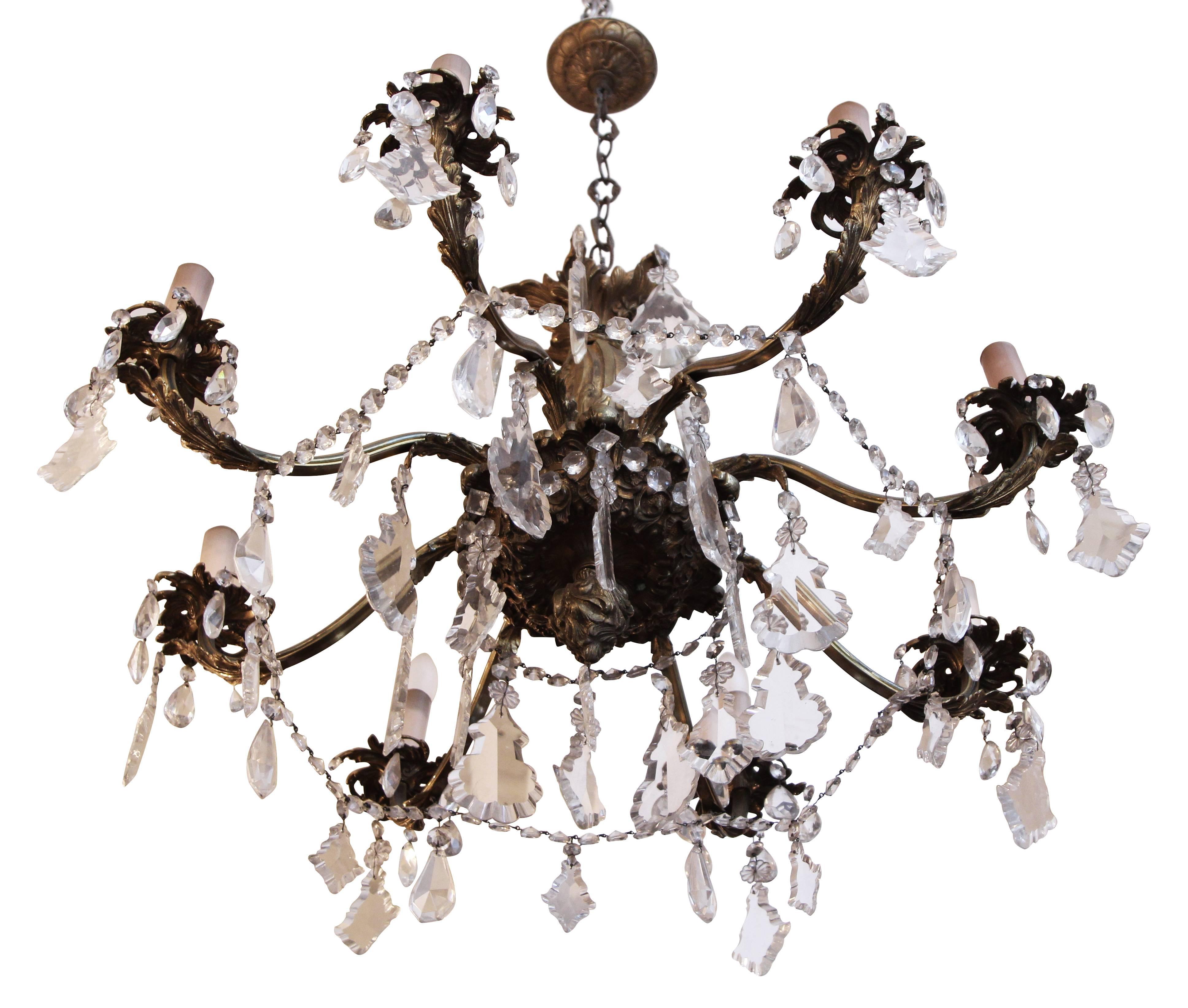 1920s Bronze and Crystal Eight-Arm Chandelier 5