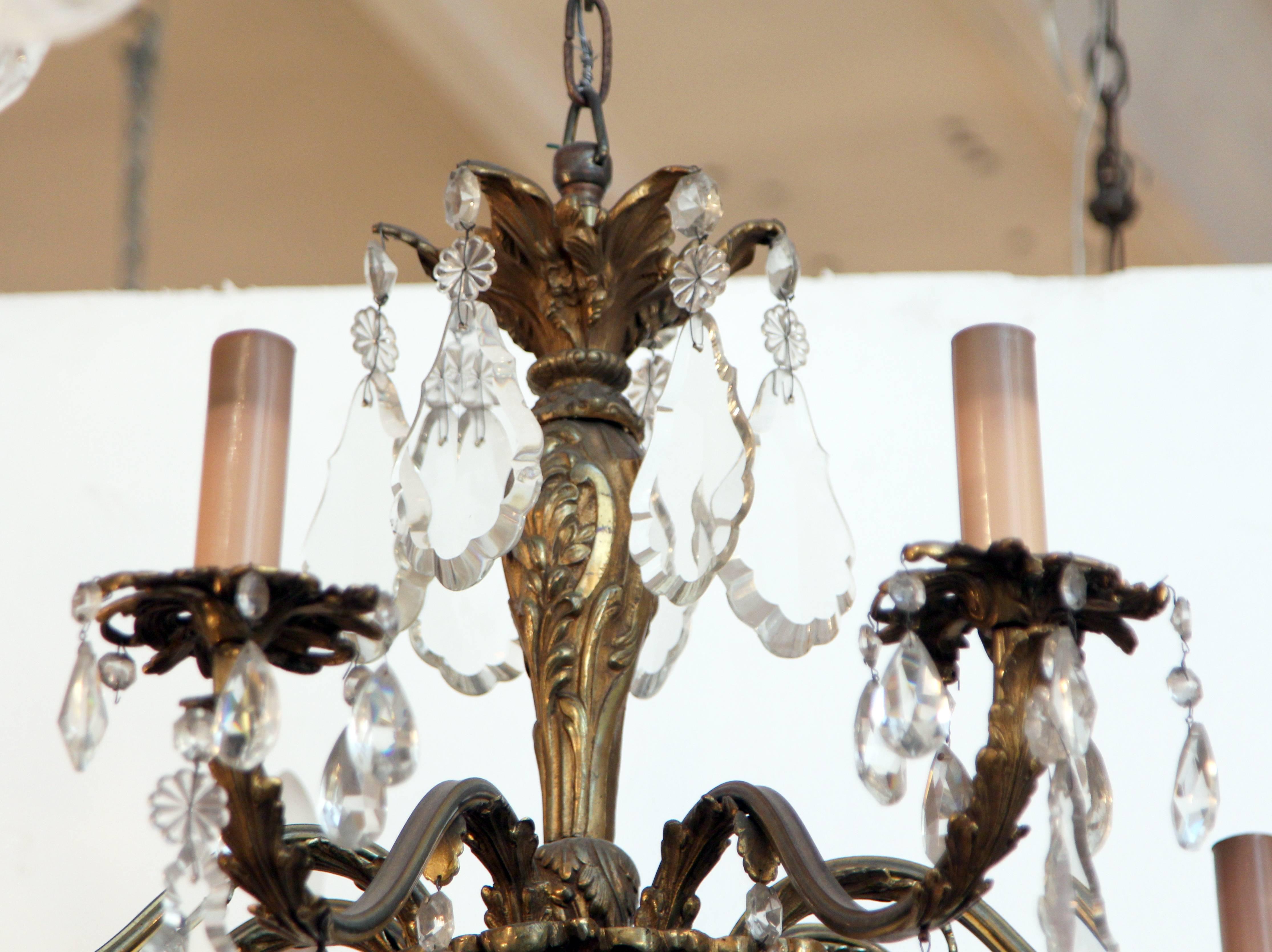 1920s Bronze and Crystal Eight-Arm Chandelier In Excellent Condition In New York, NY