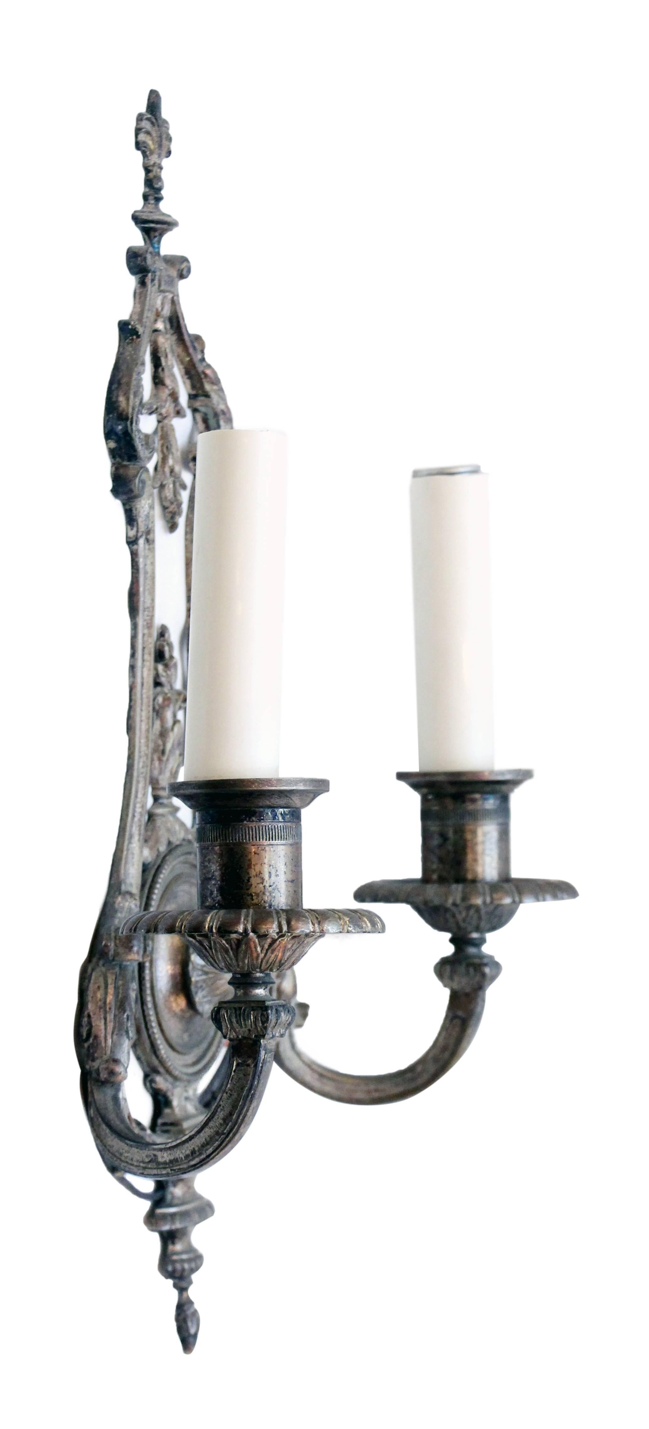American 1910s Pair of Silver Plated Two-Arm Sconces