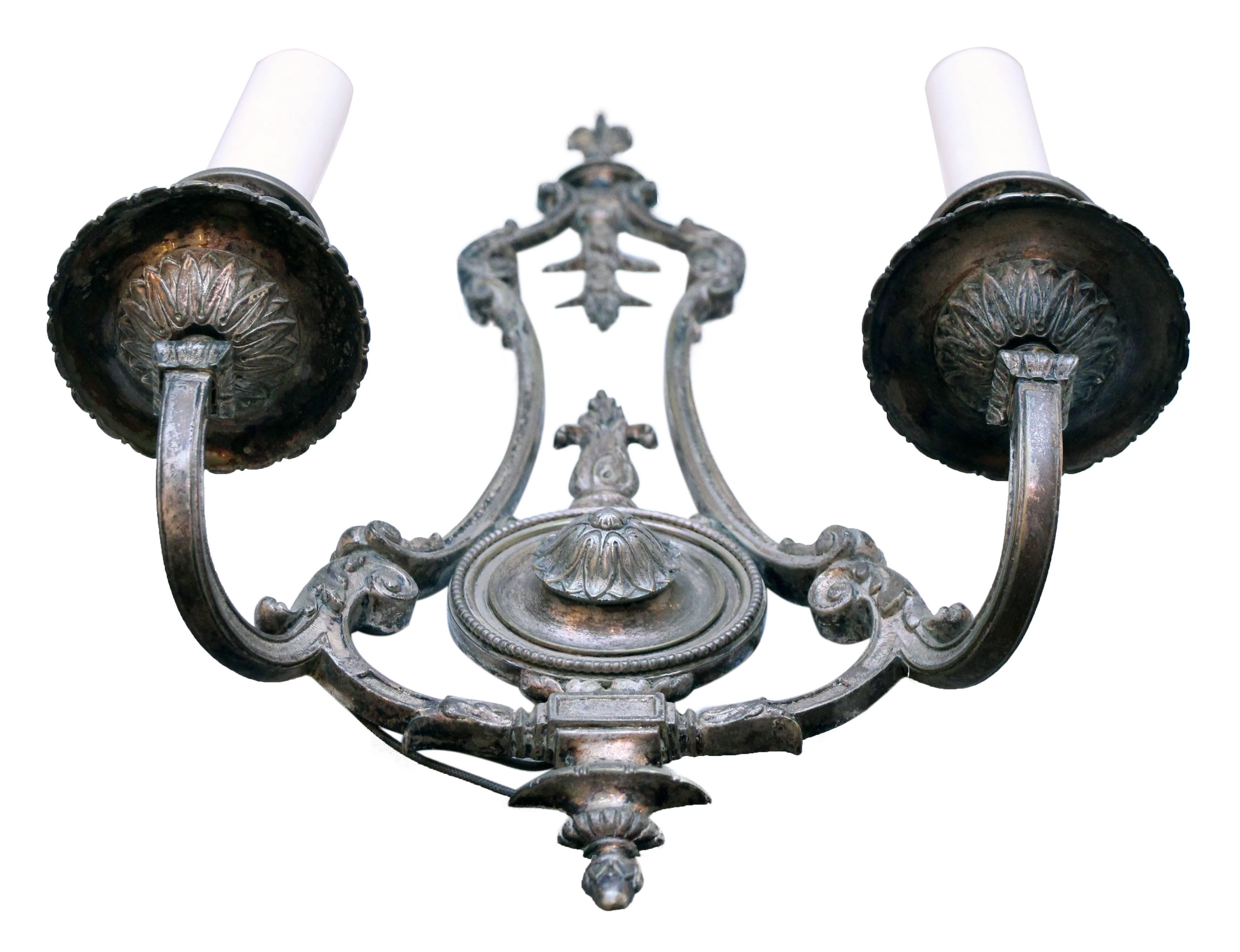 1910s Pair of Silver Plated Two-Arm Sconces 4