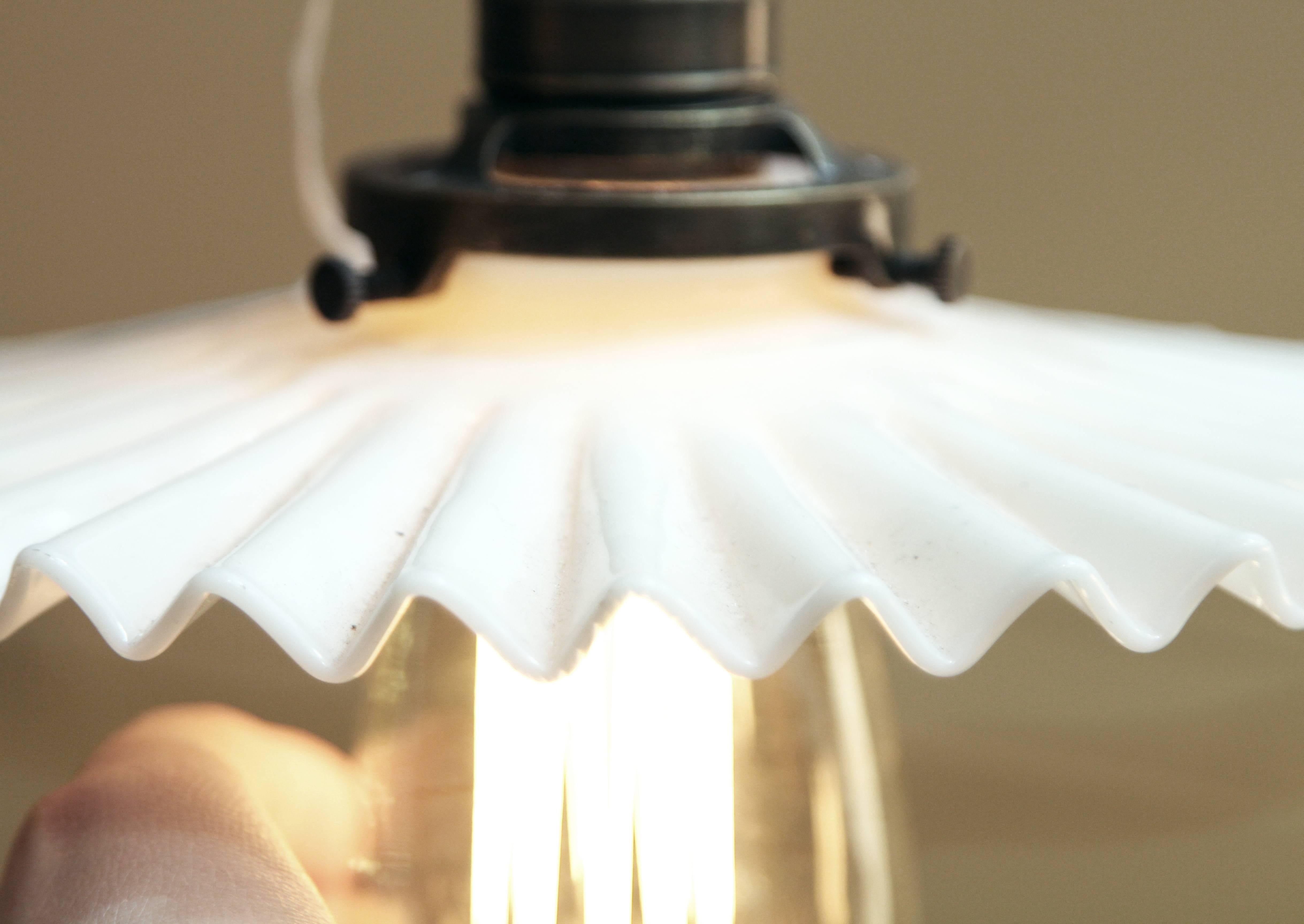 1930s Rare Zippered Milk Glass Pendant Light with New Bronzed Finish Socket In Excellent Condition In New York, NY