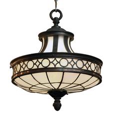 1910 Bronze Bank Pendant Light with Opalescent Glass and Pineapple Finial