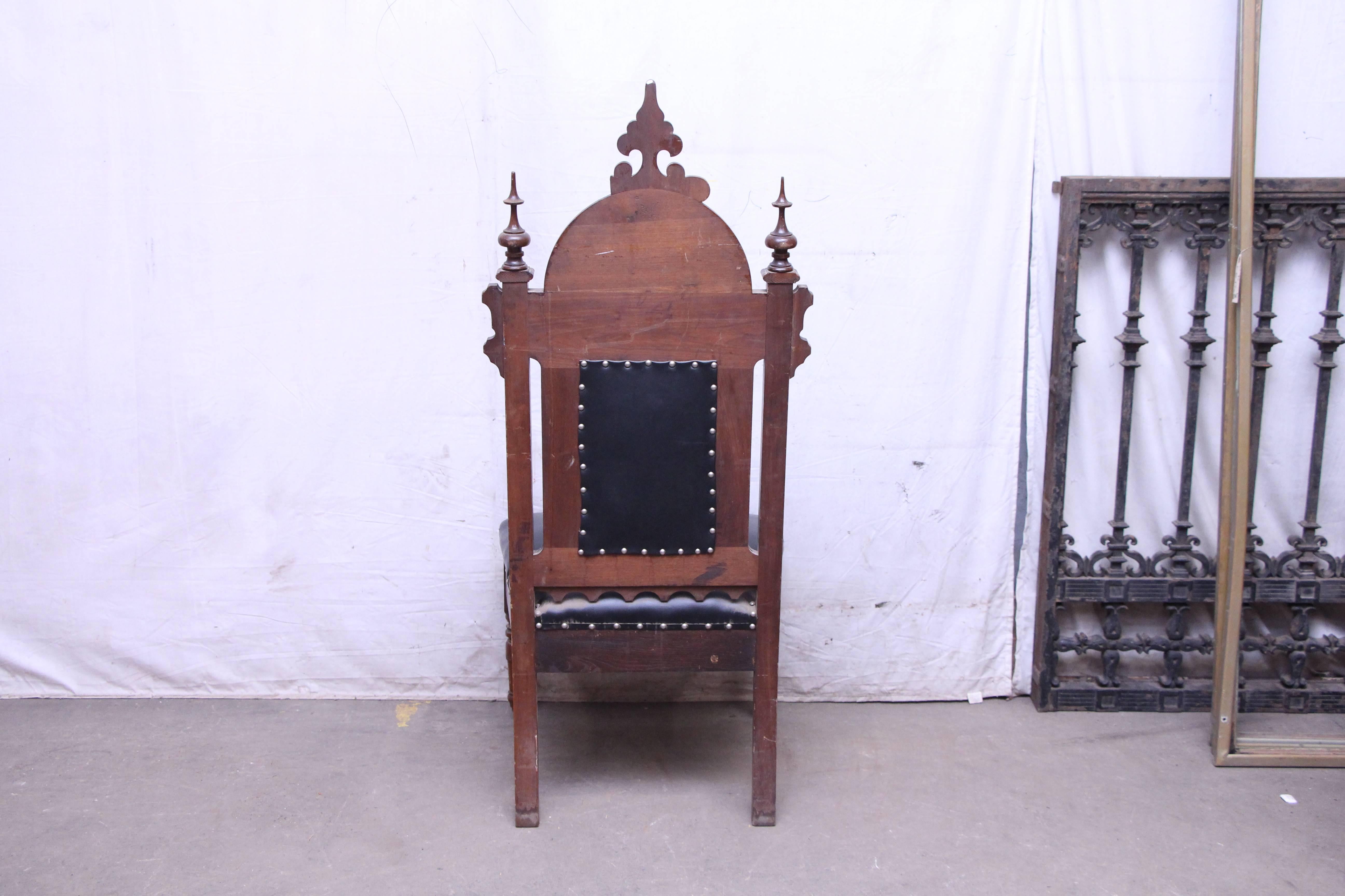 American Set of Three Ornate Black Leather and Wood Masonic Chairs and Studded Details