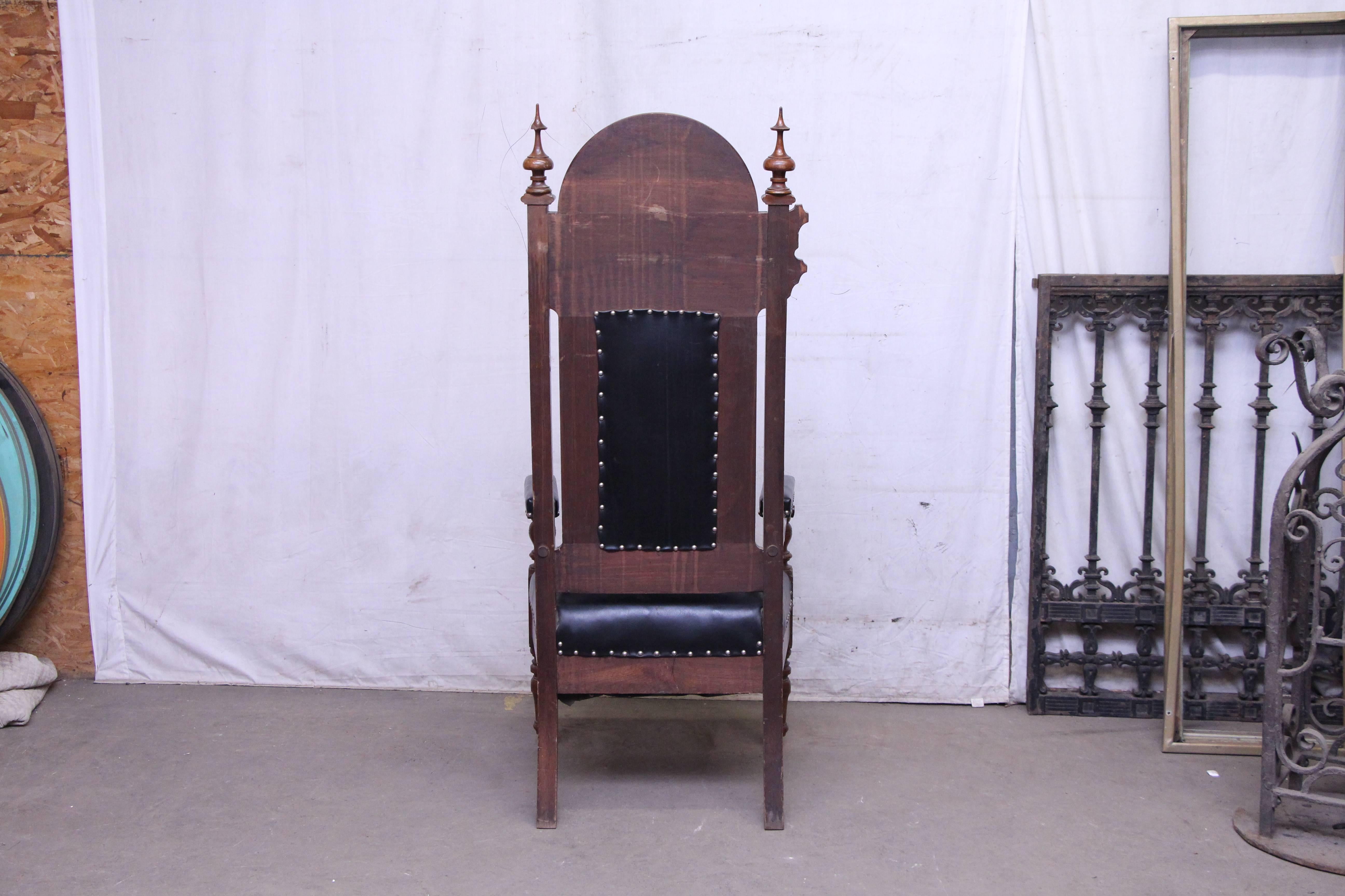 Set of Three Ornate Black Leather and Wood Masonic Chairs and Studded Details 2