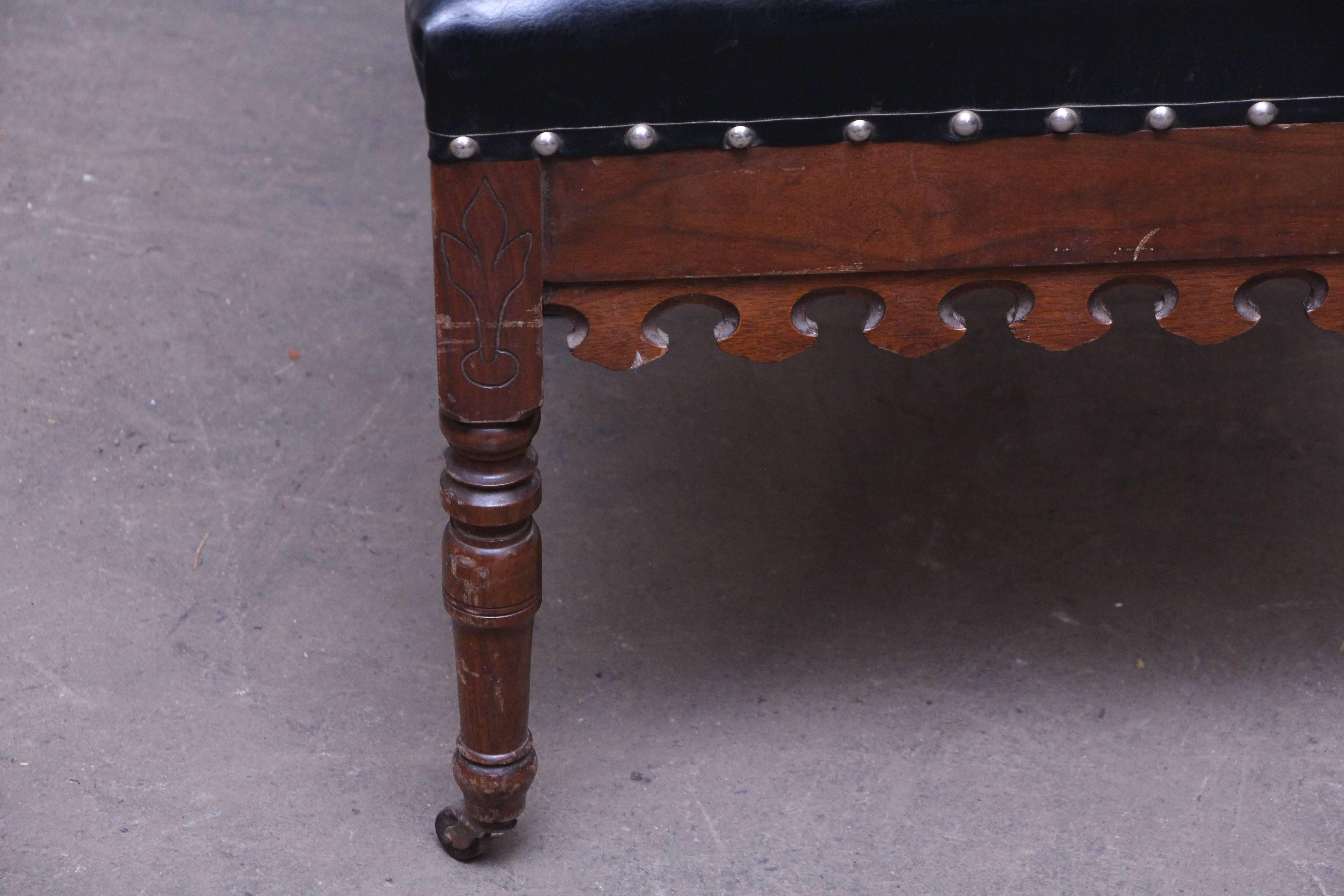Mid-20th Century Set of Three Ornate Black Leather and Wood Masonic Chairs and Studded Details