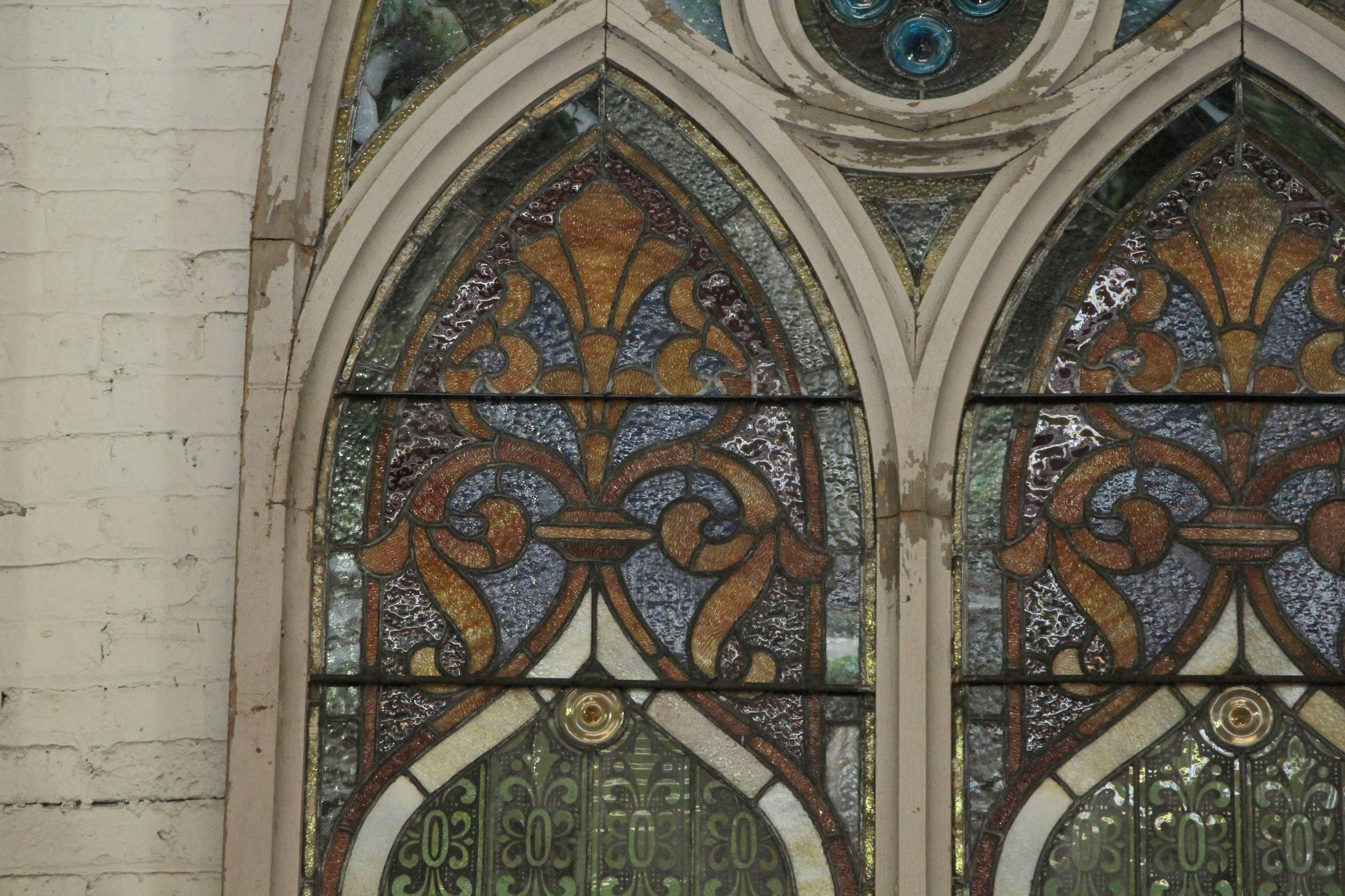 1860s Large Arched Gothic Colored Stained Glass Window from a Wisconsin Church In Excellent Condition In New York, NY