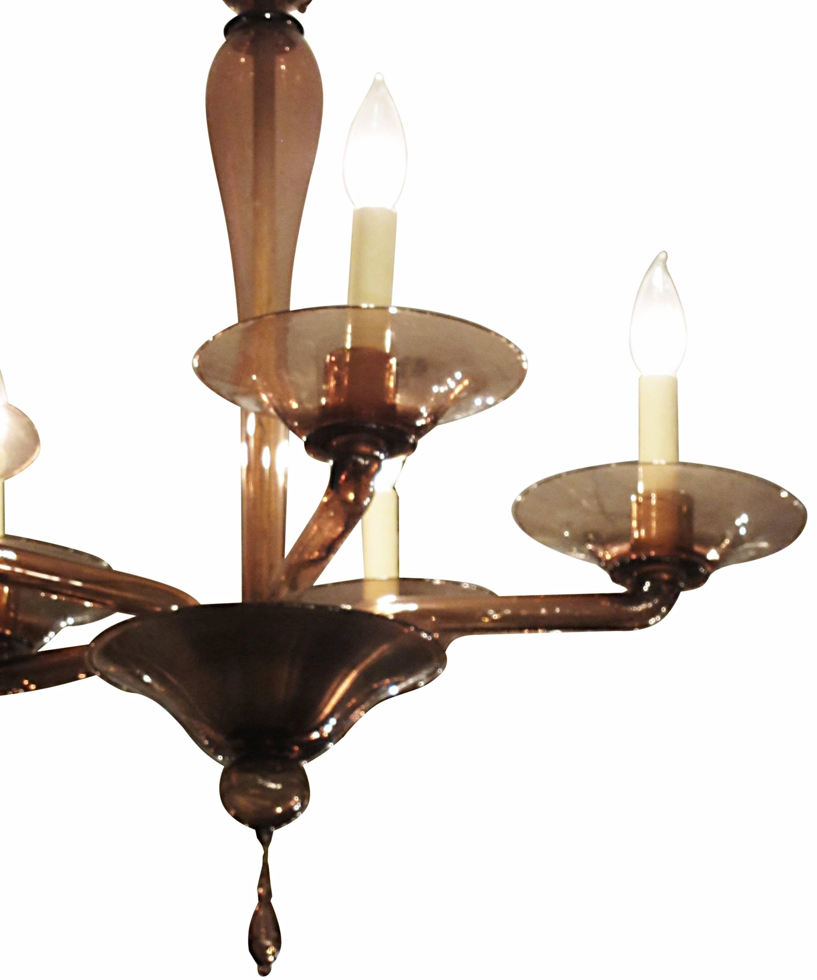 1930s Purple Murano Glass Five-Arm Chandelier by Barovier In Excellent Condition In New York, NY