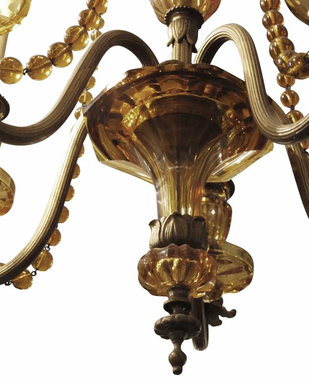 French Style Cut Amber Crystal and Bronze Chandelier with Five