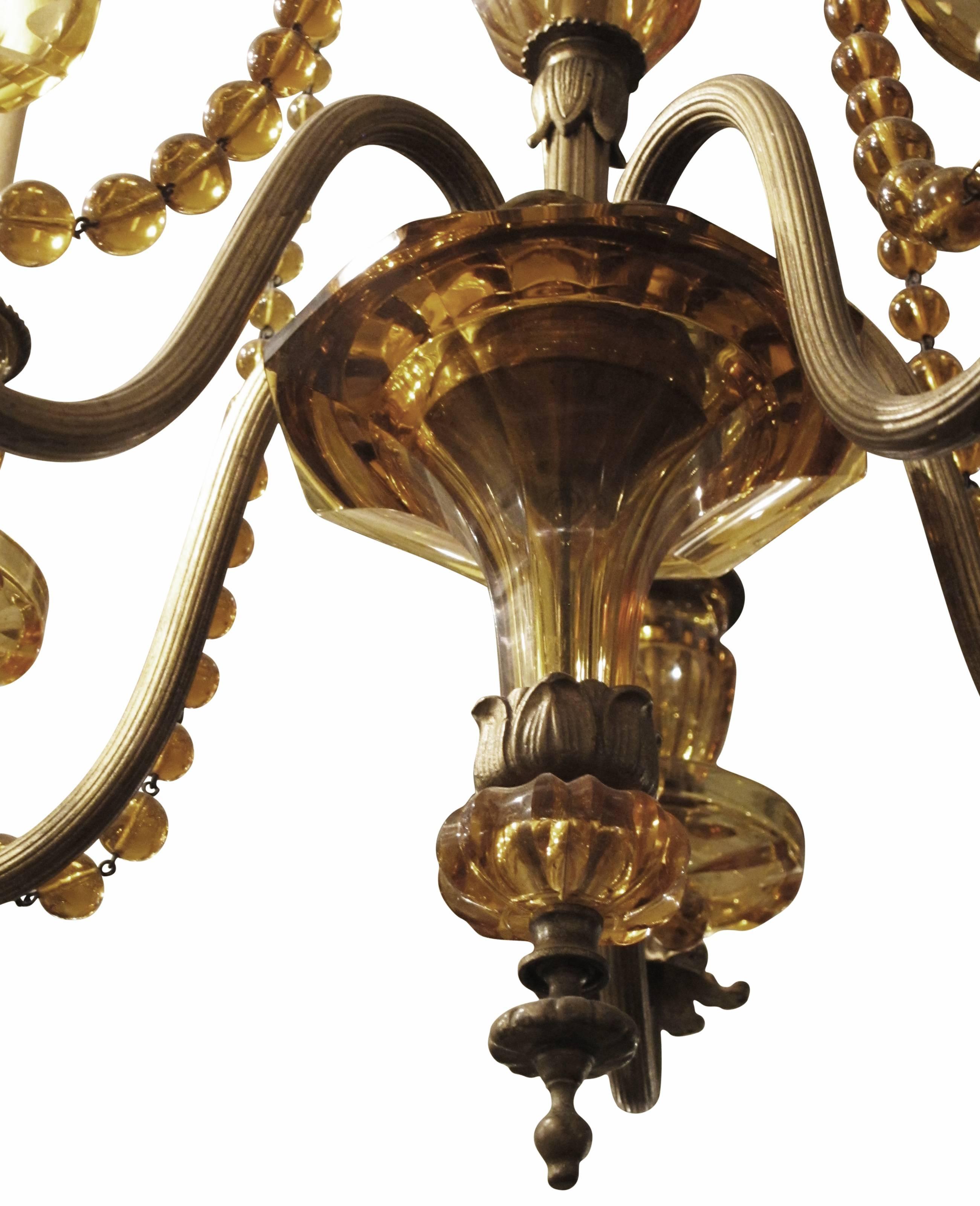Early 20th Century French Venetian Style Cut Amber Crystal and Bronze Chandelier with Five Arms